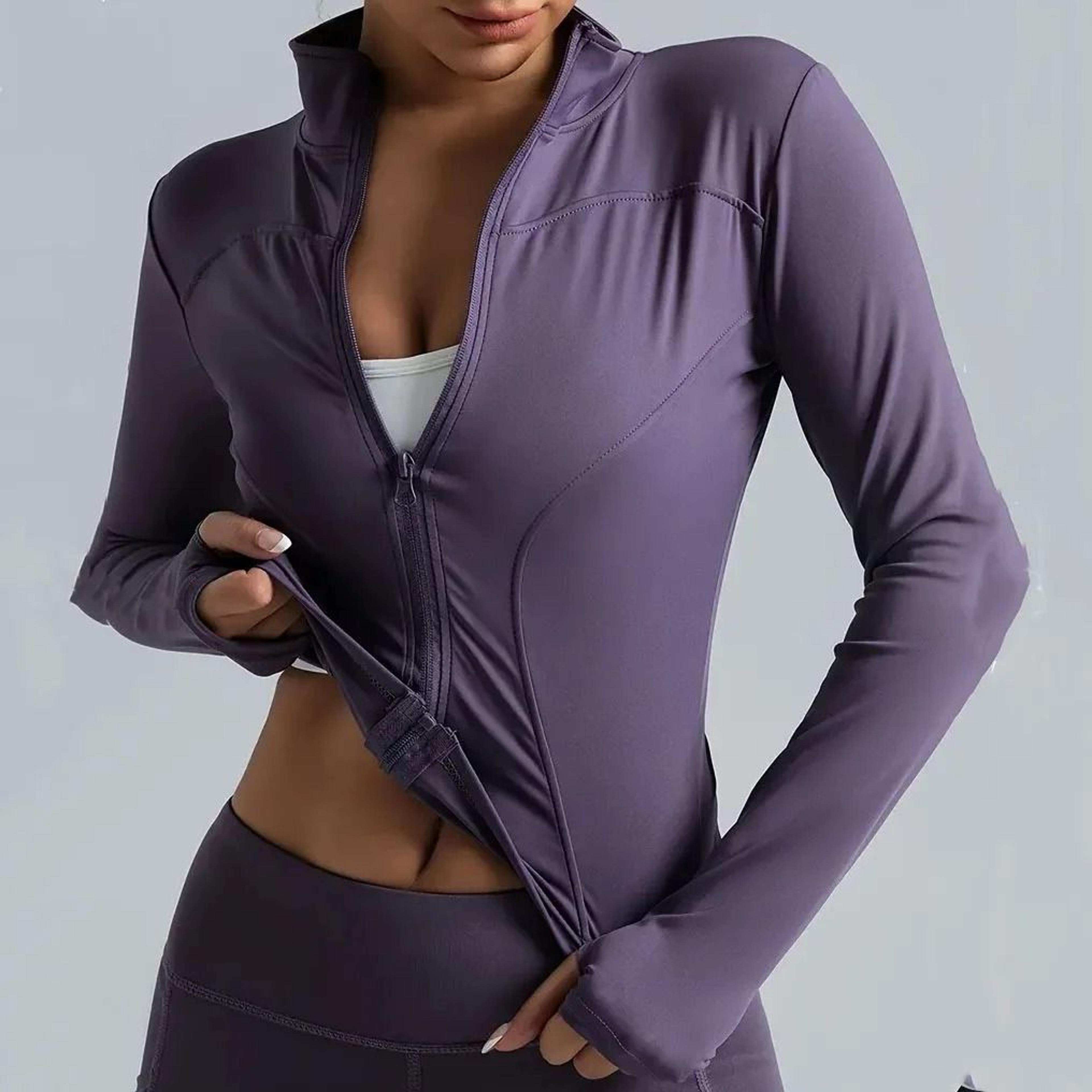womens lightweight stretchy zip up running jacket with thumb holes high neck