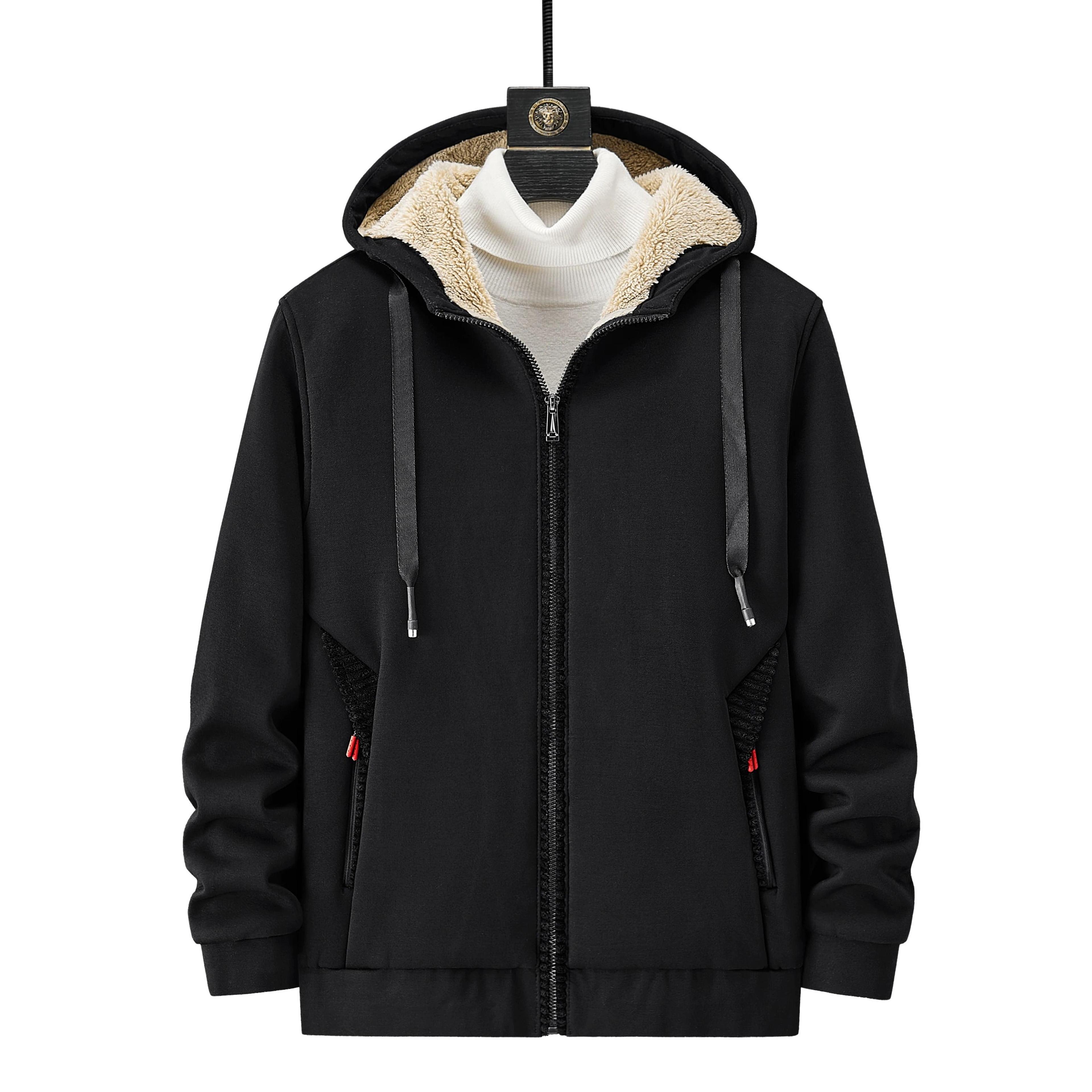 men fleece hoodie winter thick warm sweatshirt with zipper and hooded cardigan jacket