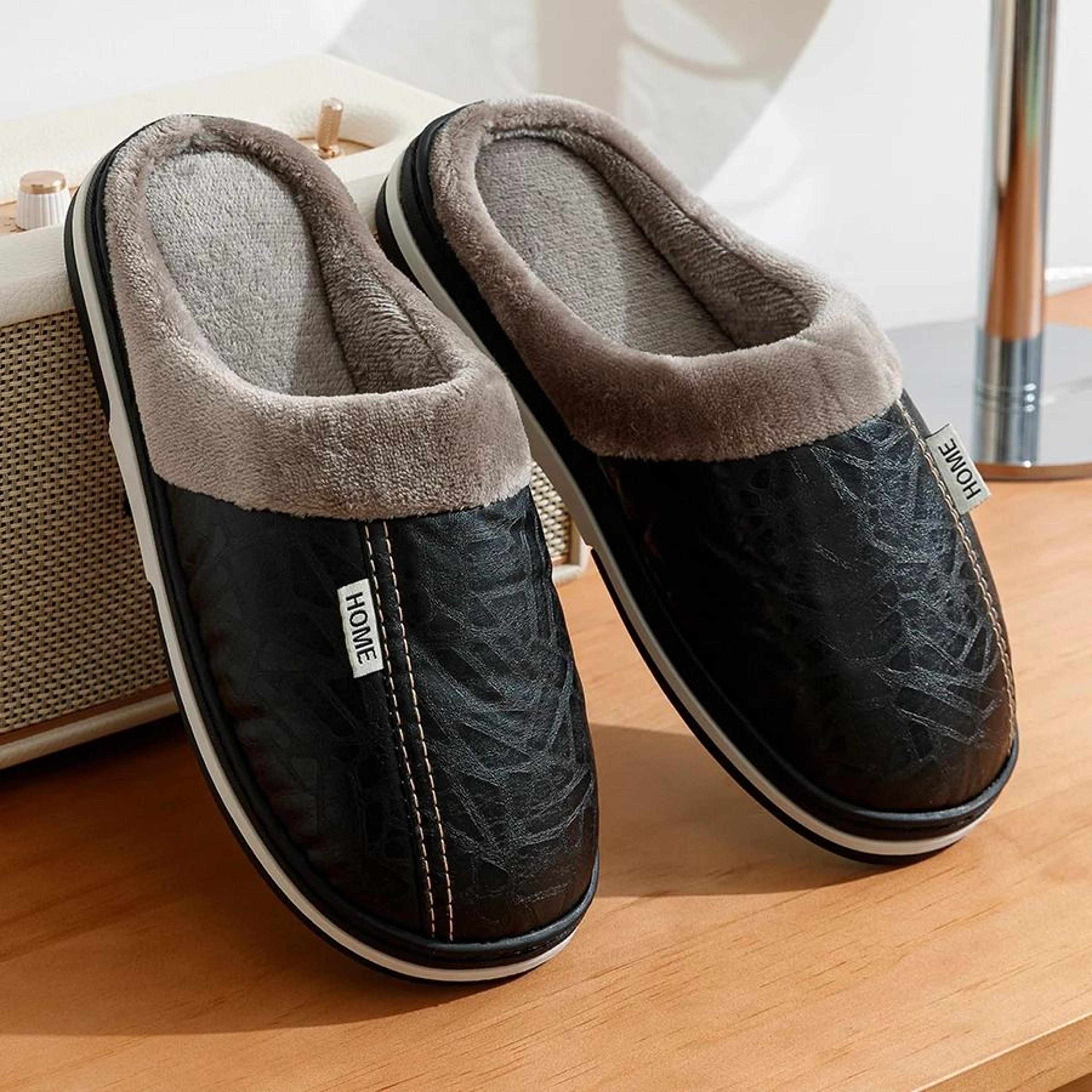 pu leather waterproof fur lined indoor mens slippers big size soft home shoes