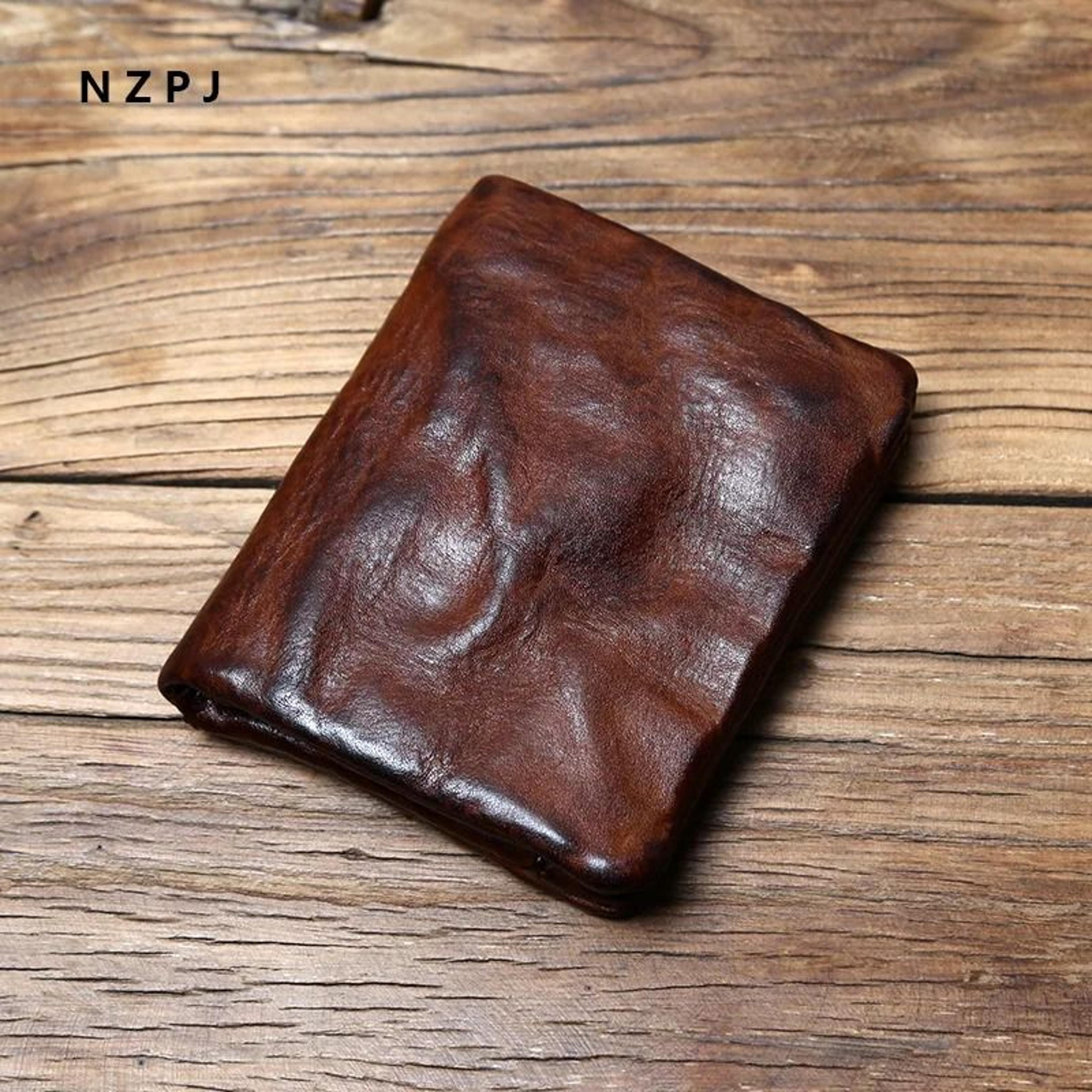 cowhide retro leather wallet with zipper card holder for men and women