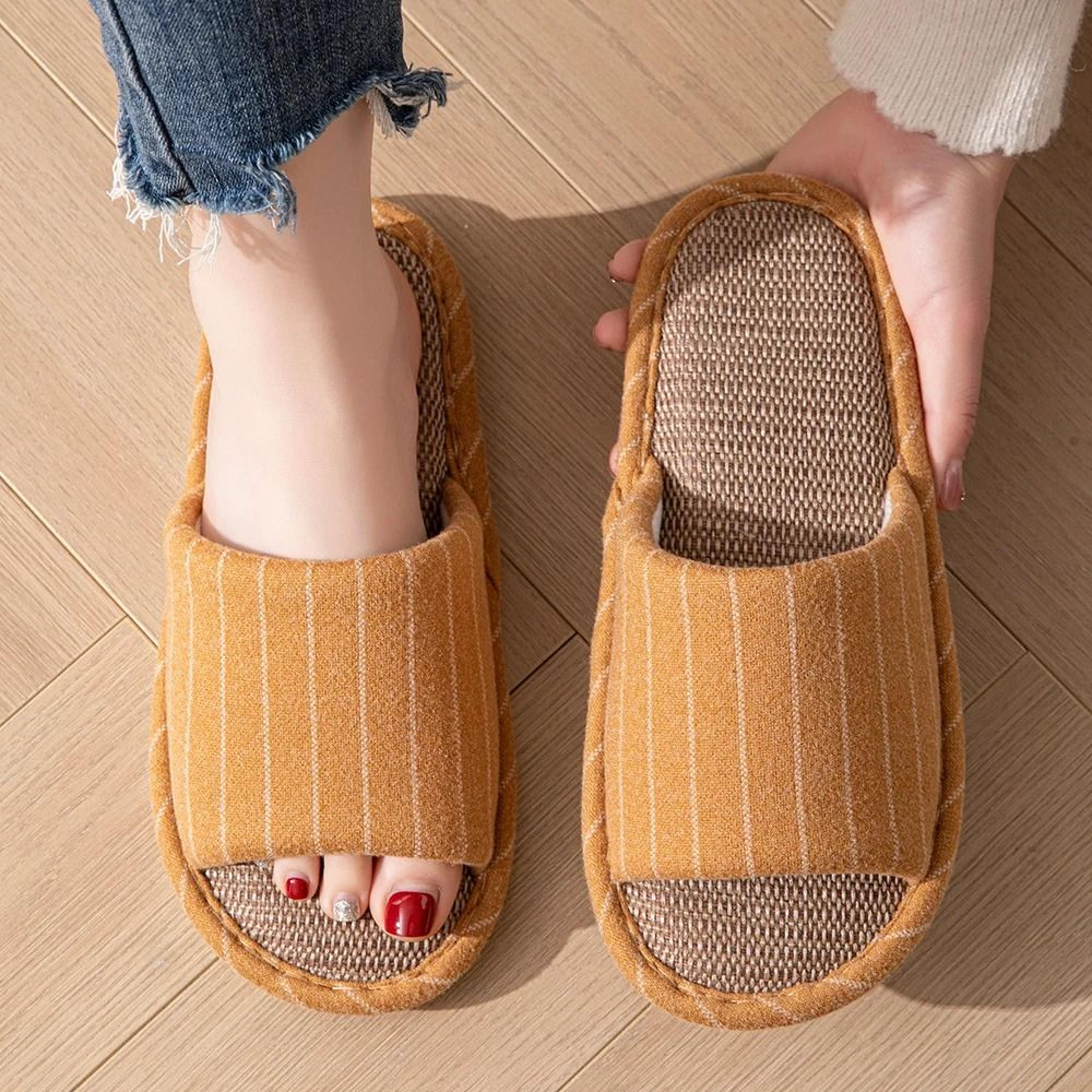 spring autumn stripe flax indoor non-slip soft sole slippers