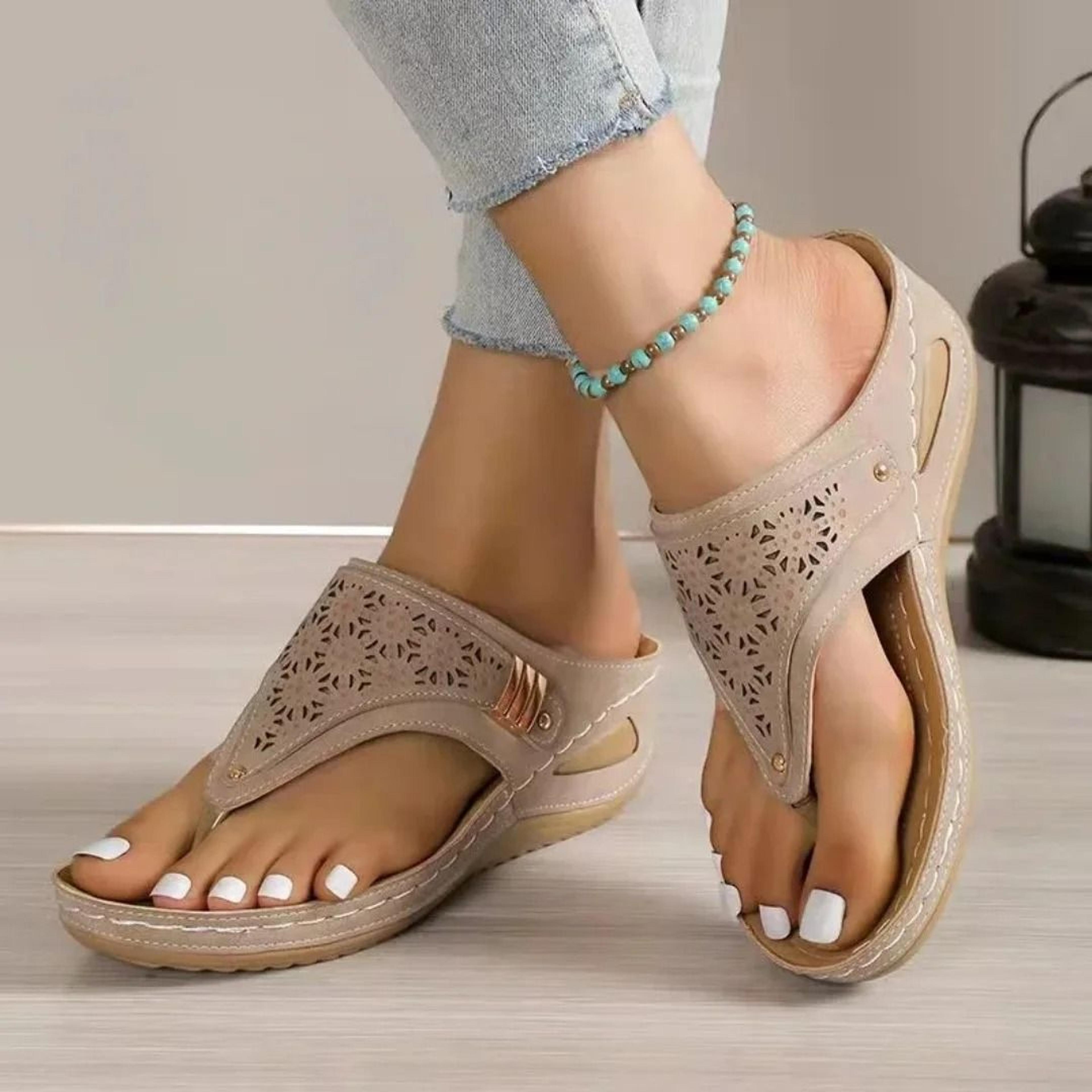 woman leather non slip soft platform flip flops summer wedge sandal orthopedic