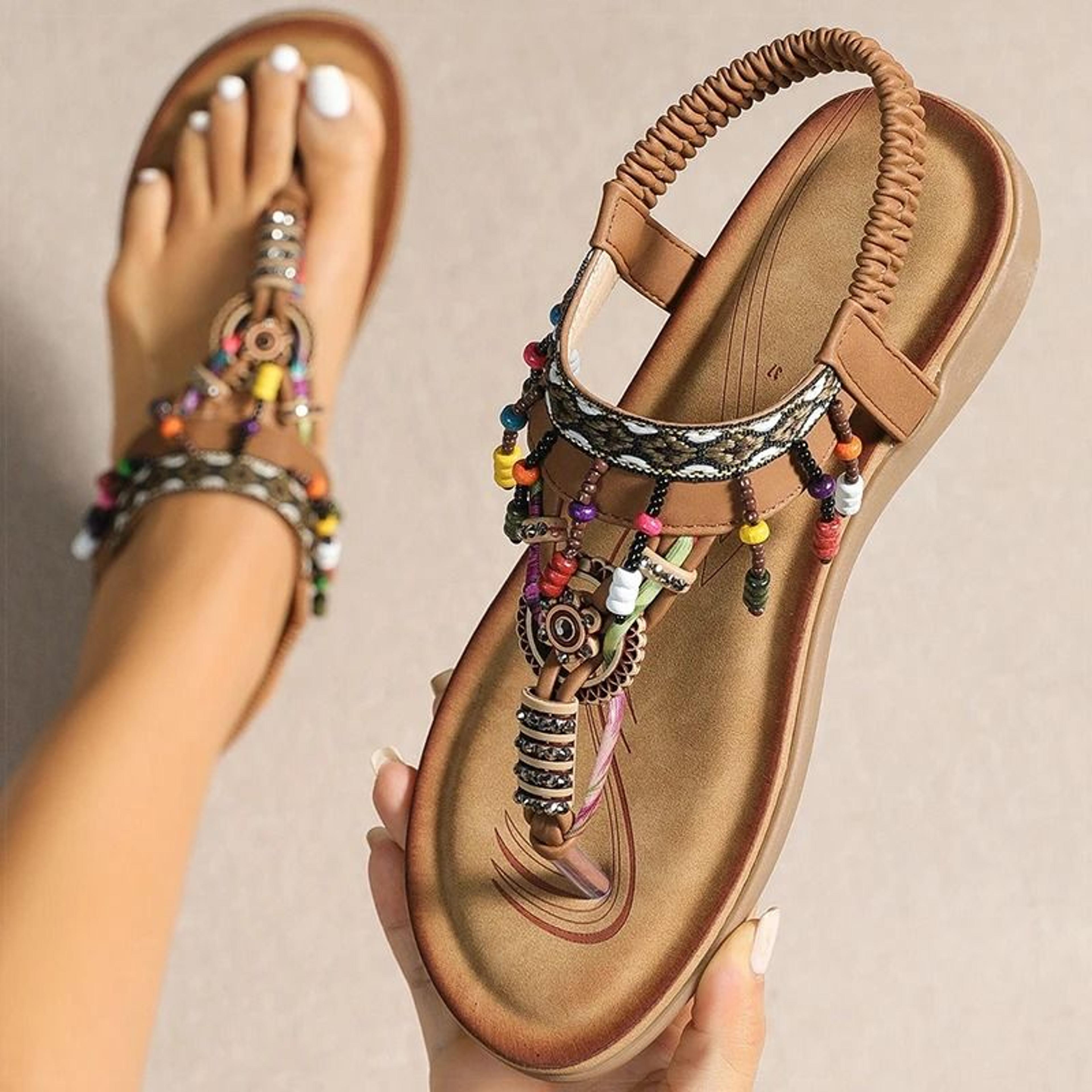 women beaded string flat sandals casual elastic flip flops summer