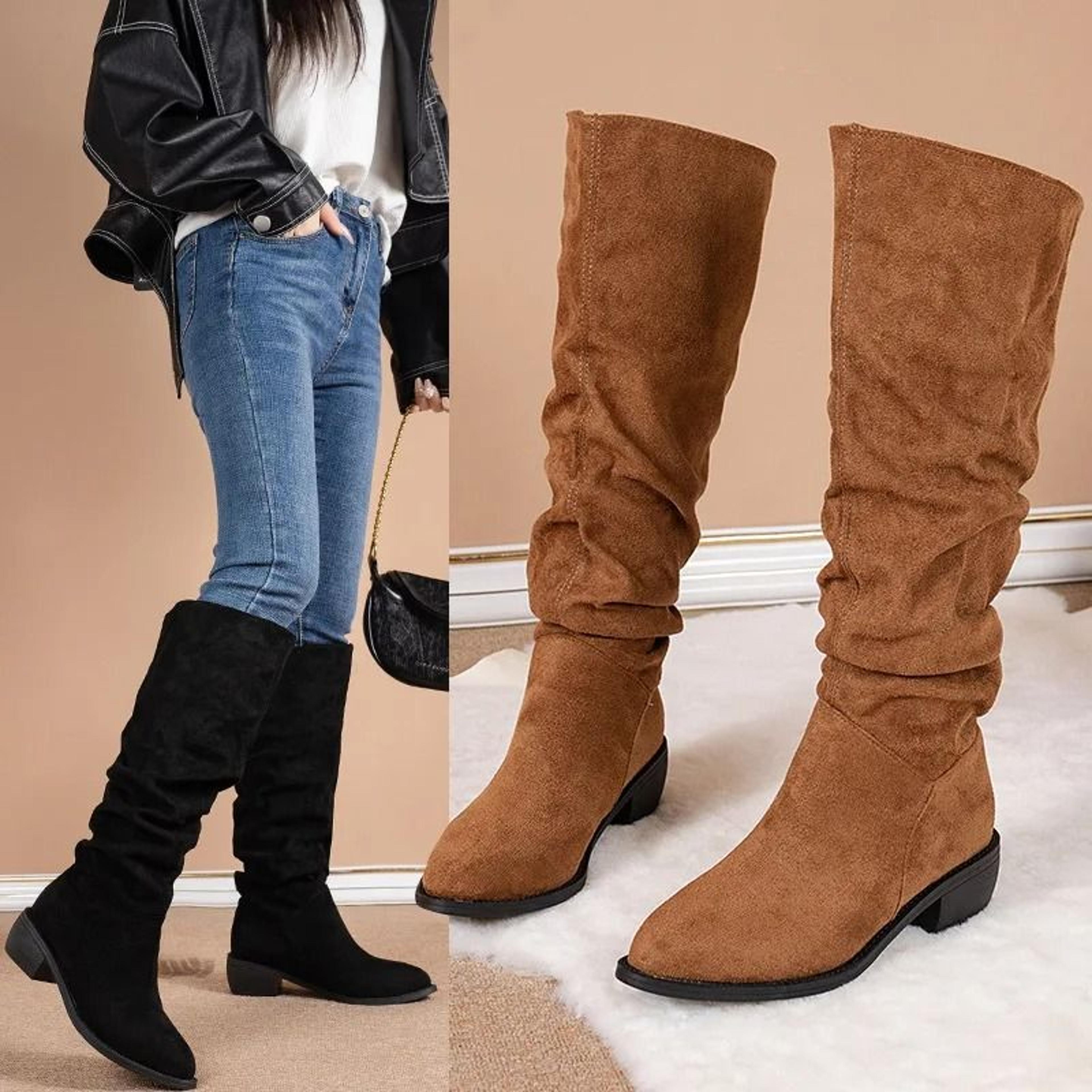 new solid color comfortable knee high boots with square heels for women winter fashion large size round toe high boots