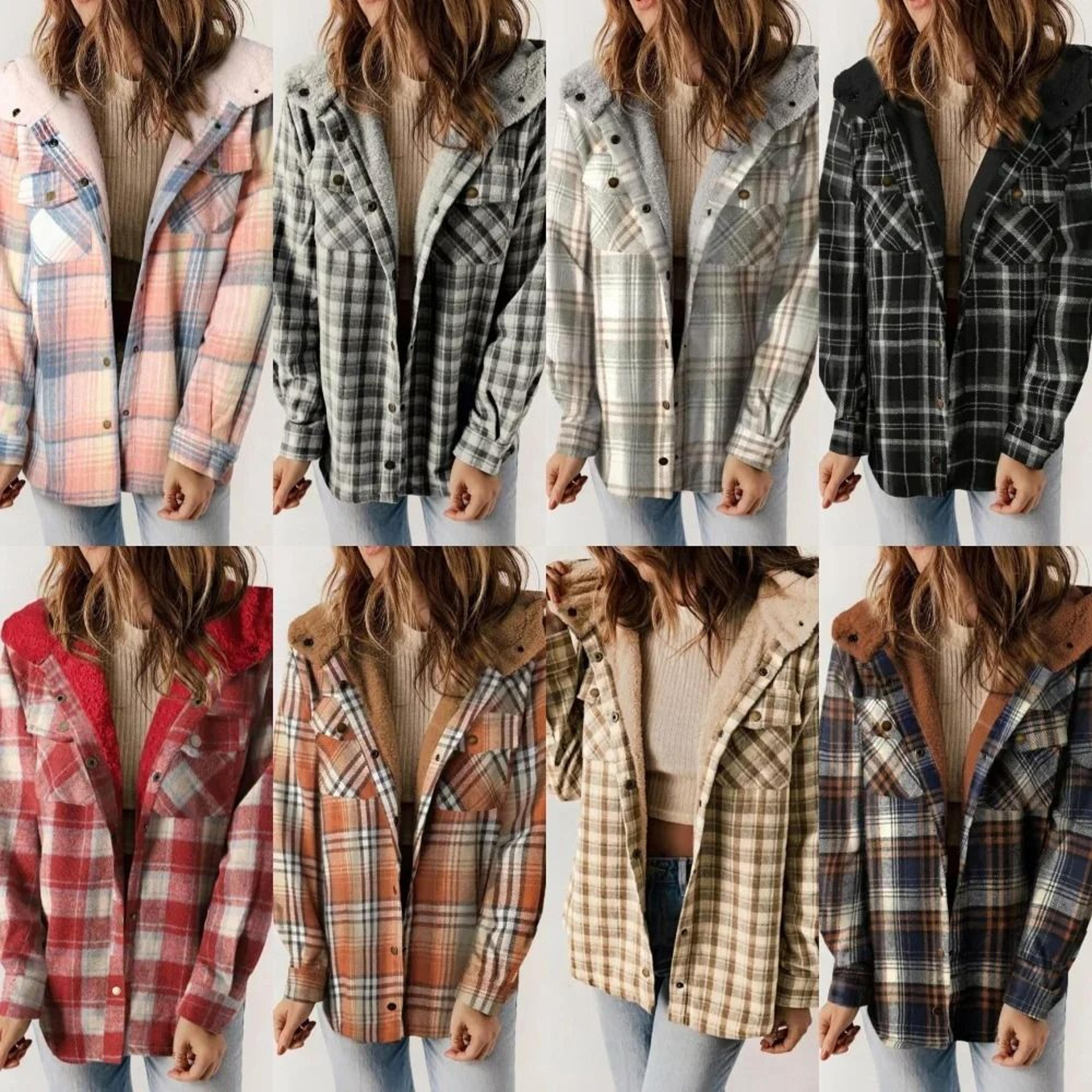 womens plaid fleece hooded shacket oversized cozy warm