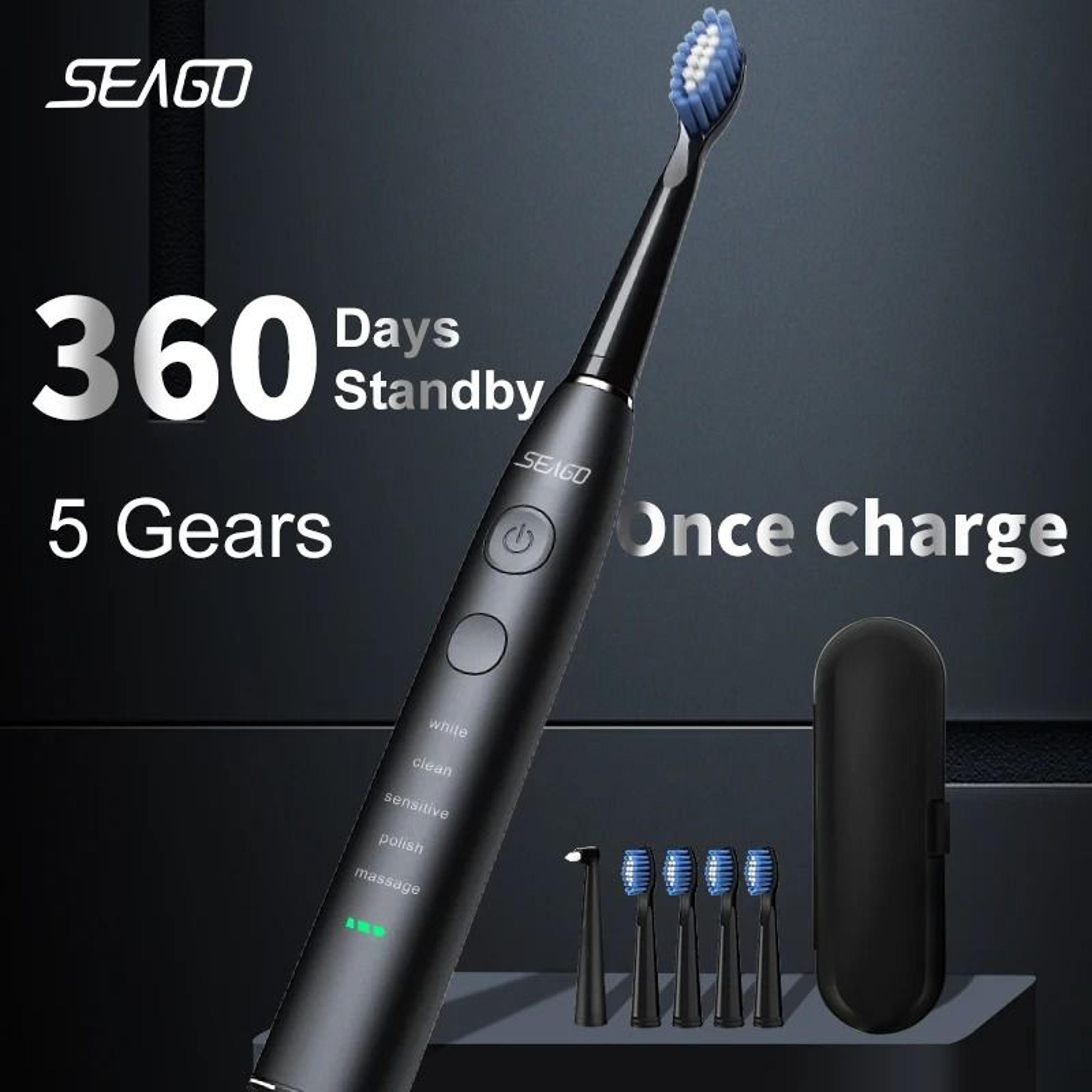 seago electric sonic toothbrush usb rechargeable with 4 replacement heads and travel box