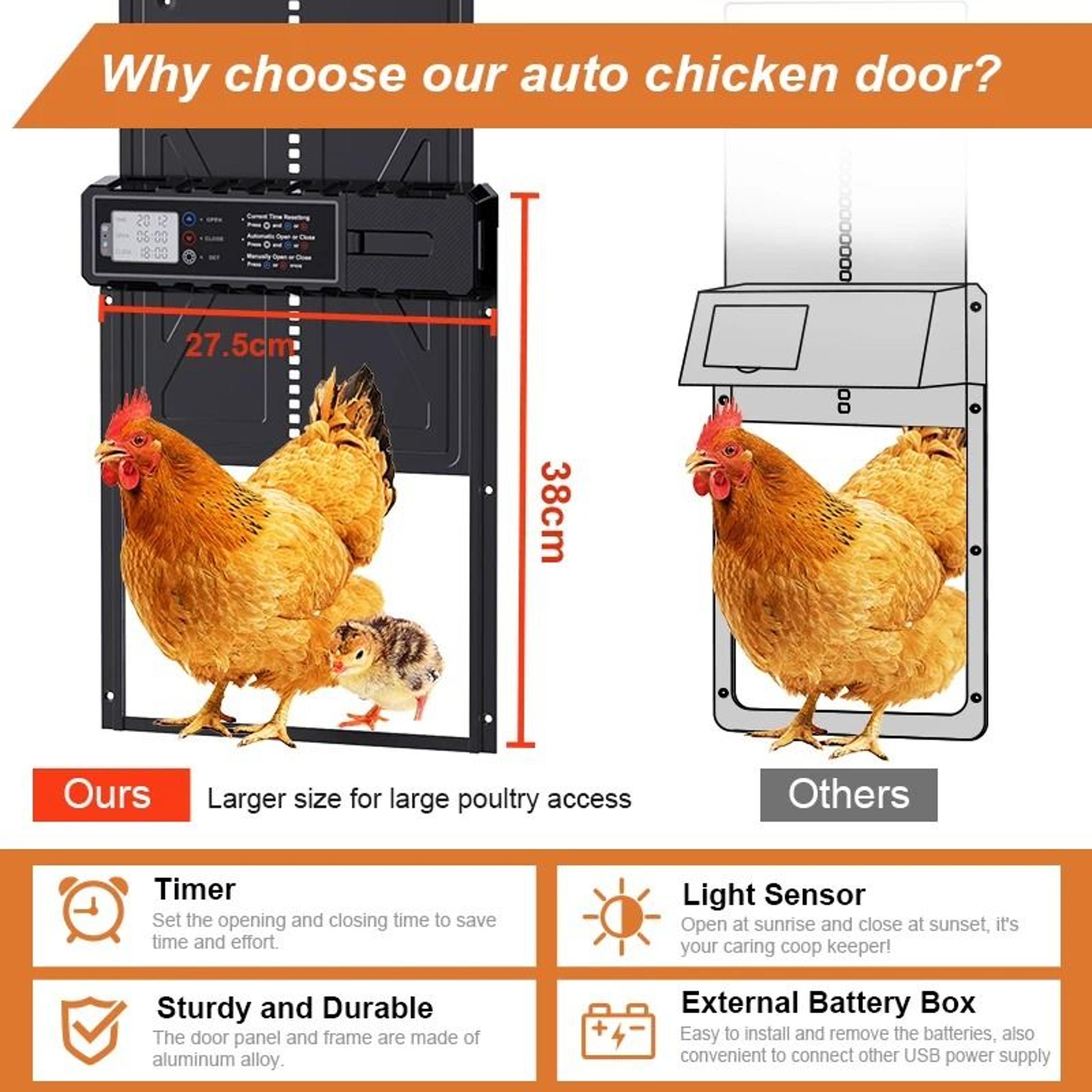 automatic chicken coop door with timer lcd screen battery powered