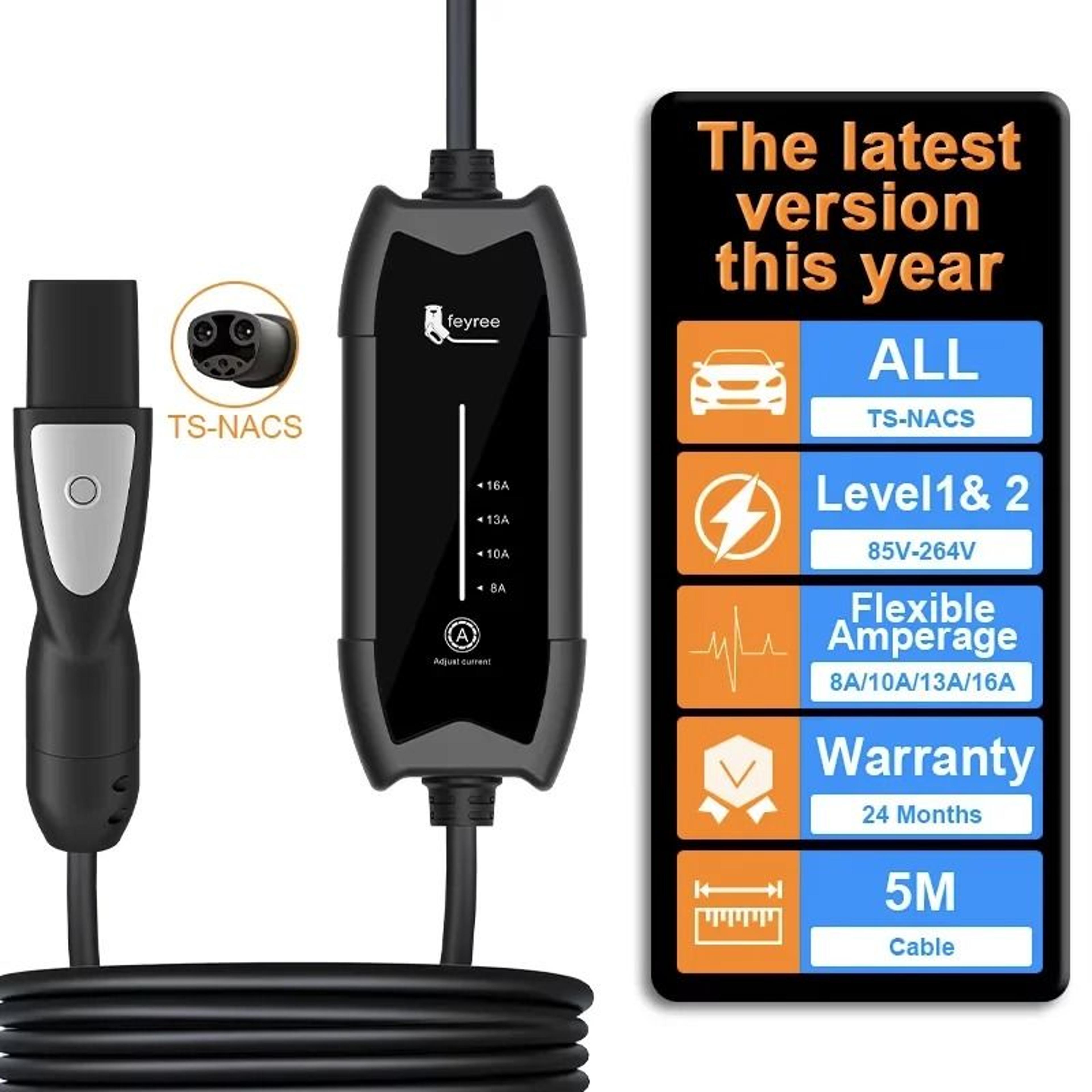 feyree portable ev charger 3.5kw 16a adjustable fast charging with ts nacs plug for tesla