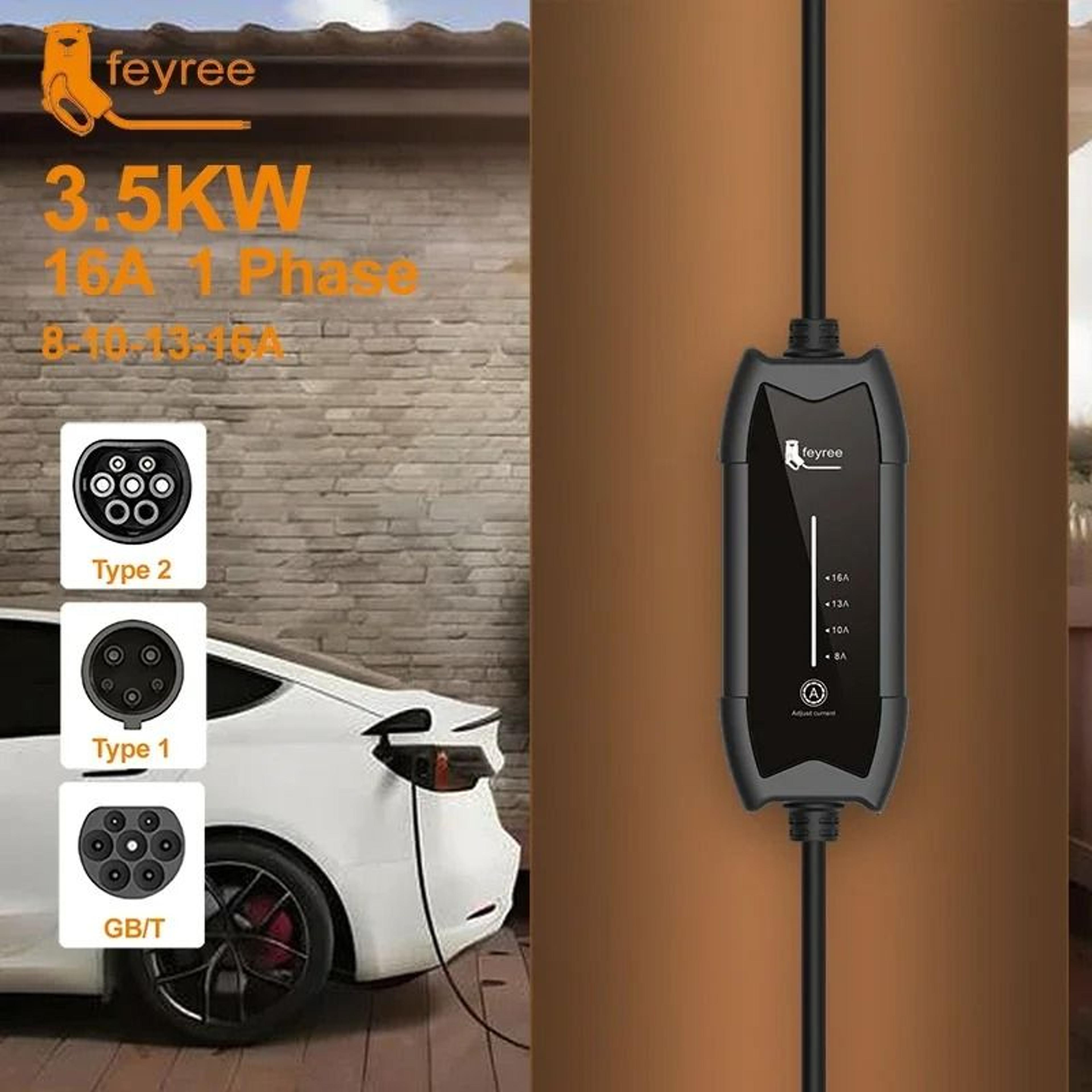 feyree ev charger type2 16a 3.5kw portable charging box with adjustable current and 3.5m cable