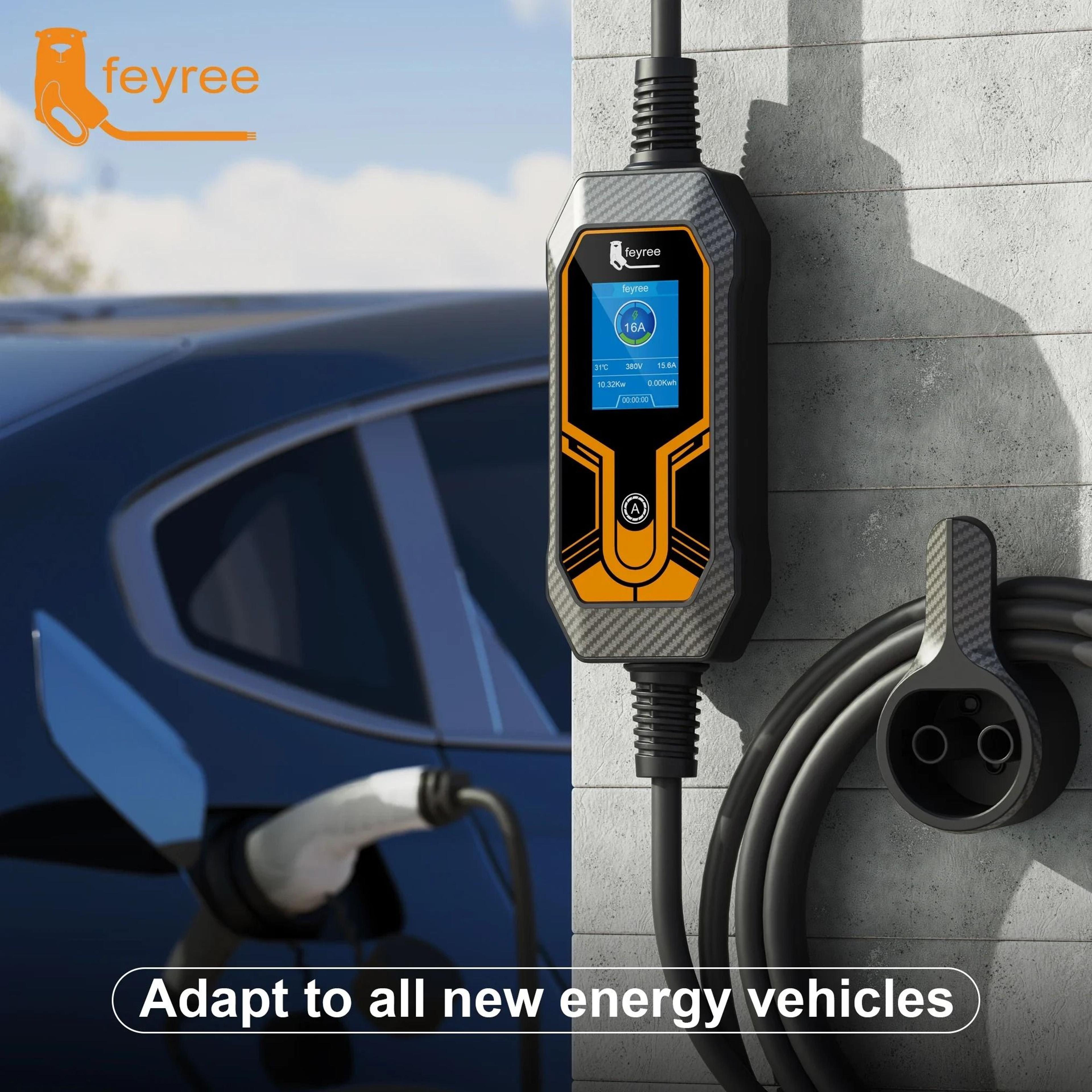 feyree ev portable charger 11kw type 2 cable with 5m cord