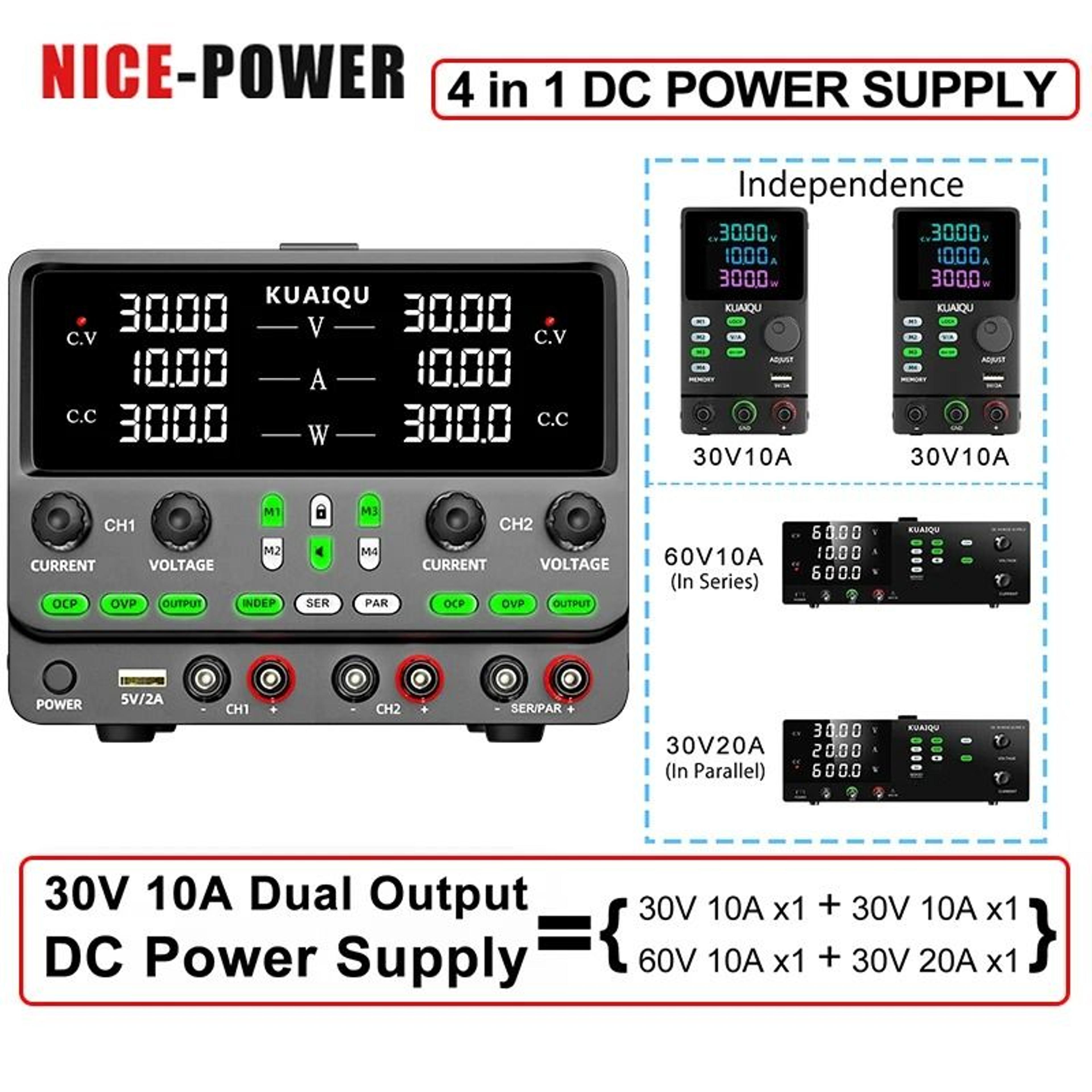 dual channel bench dc power supply with adjustable output and protection functions