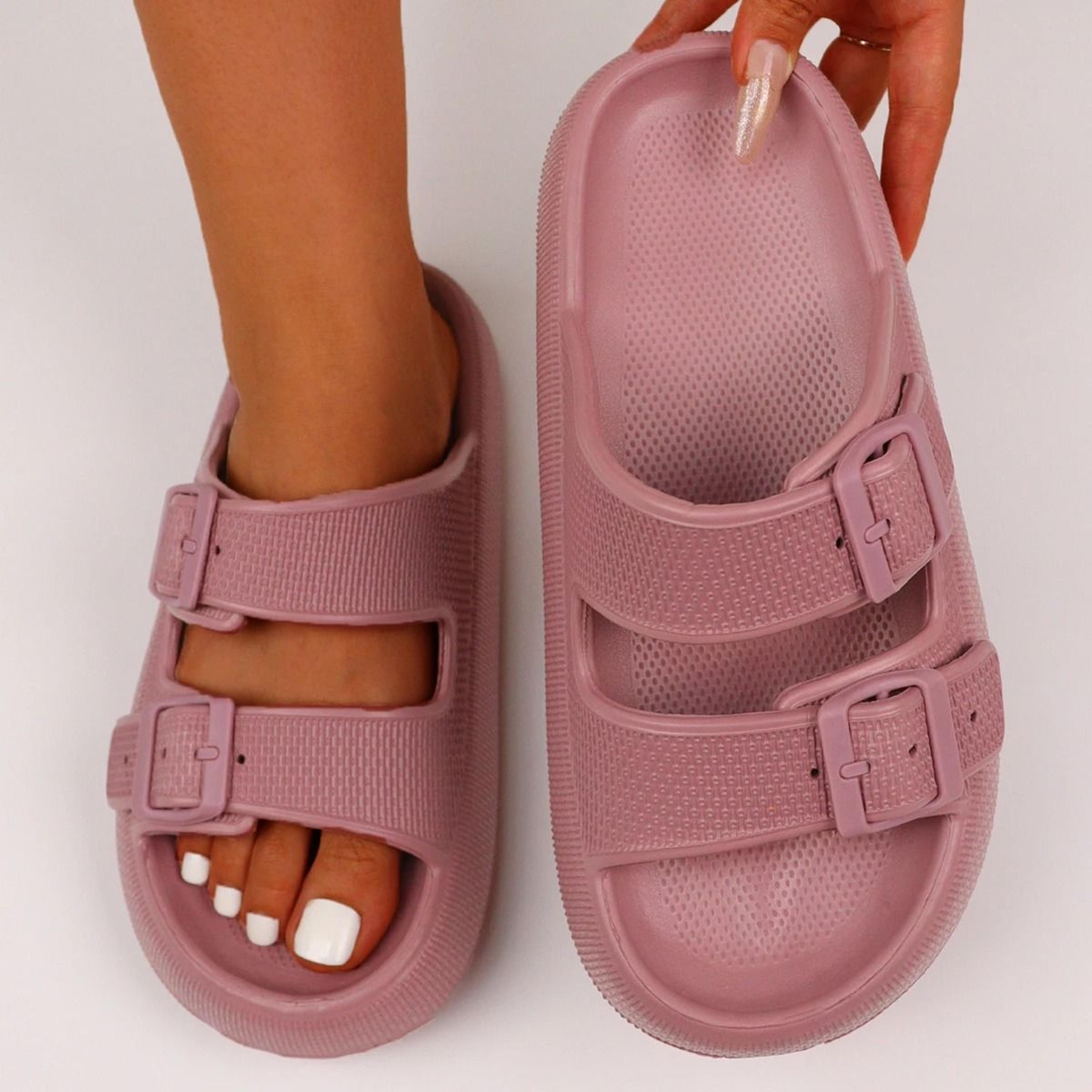 couple anti slip slides with double buckle home slippers