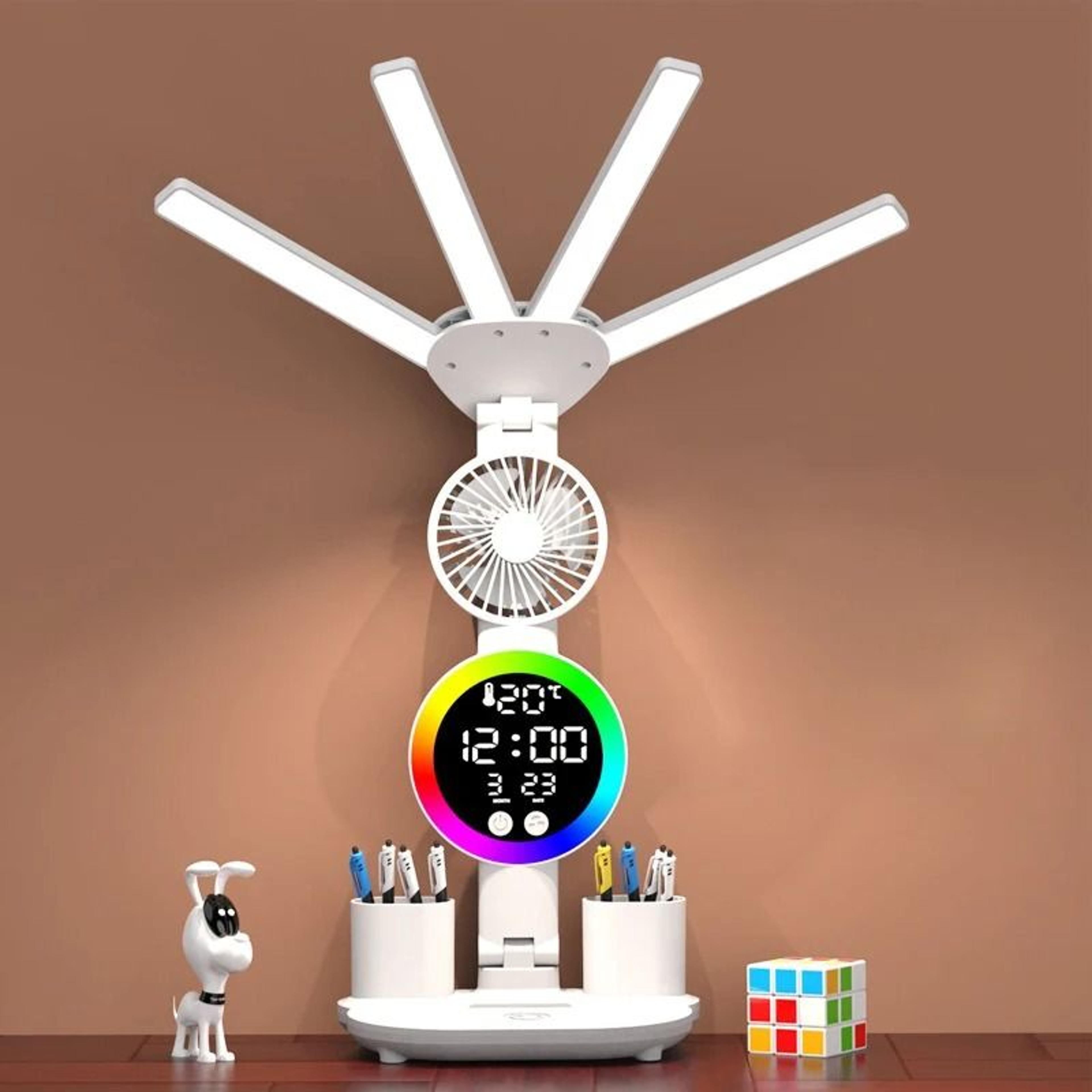 rechargeable led table lamp with fan clock display for desk reading