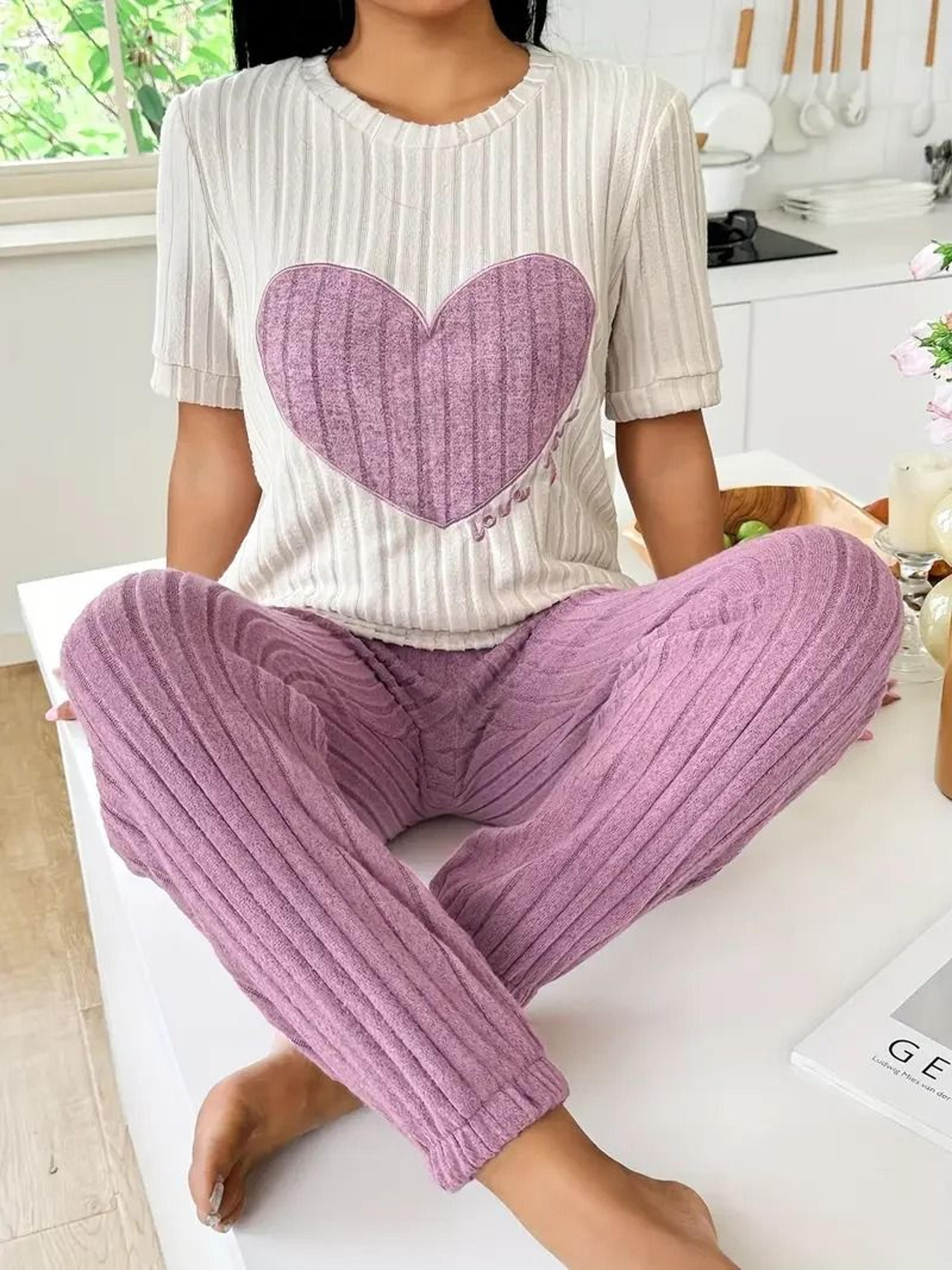 Womens Heart Print Pajama Set Round Neck Short Sleeve Top With Long Pants Sleepwear 0