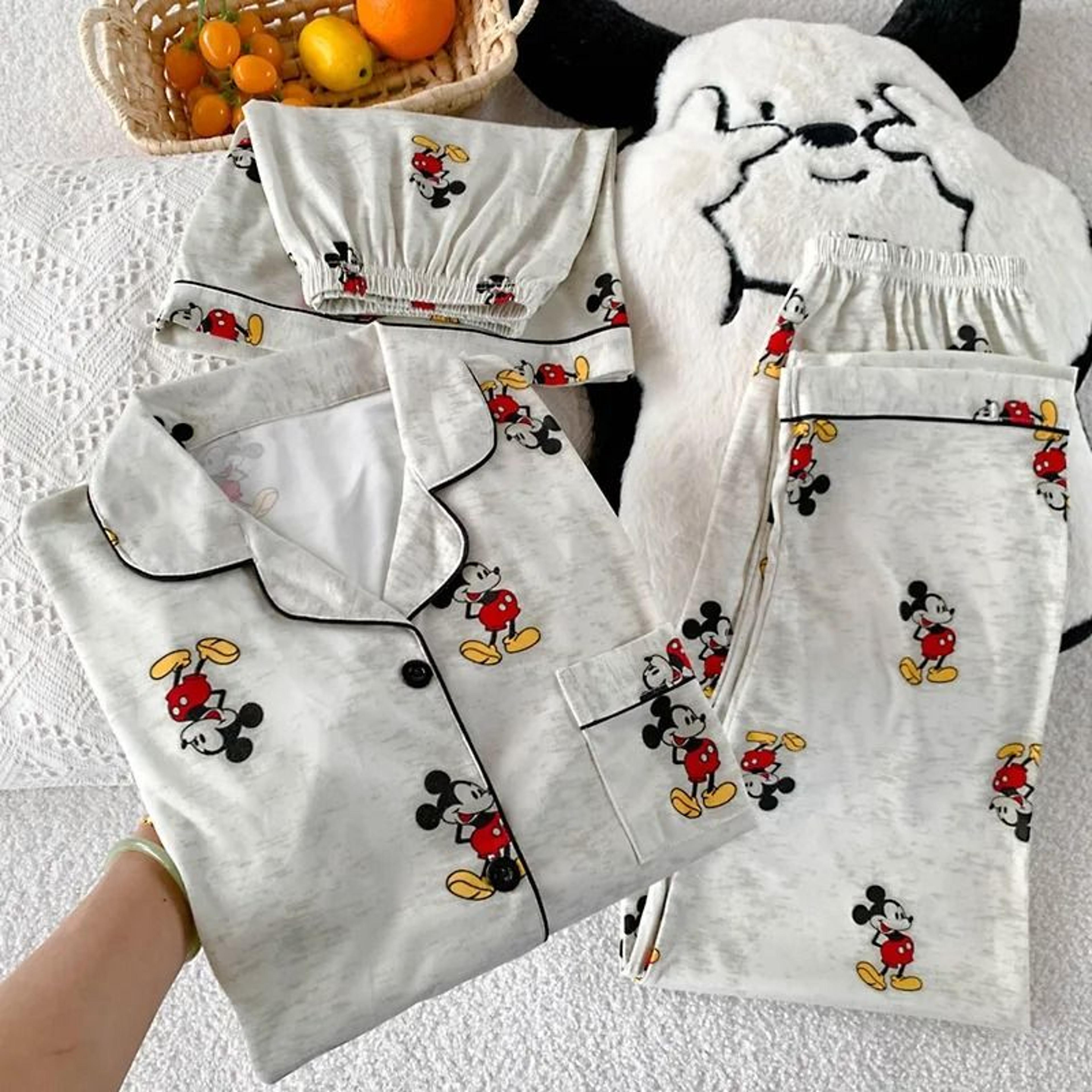 womens 3 piece mickey mouse pajama set with short sleeve top long pants and shorts