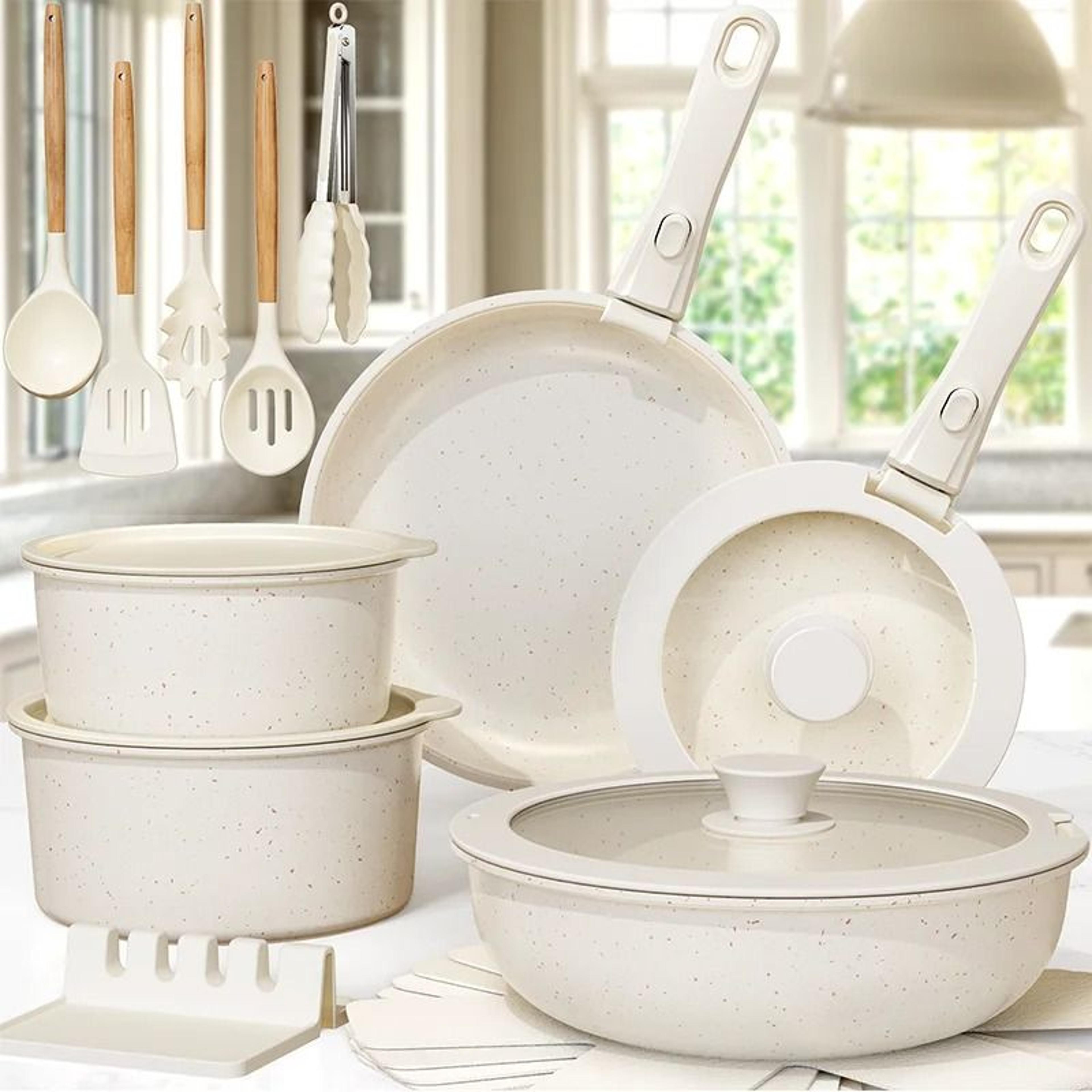 21 piece ceramic pots and pans cookware set with removable handles white