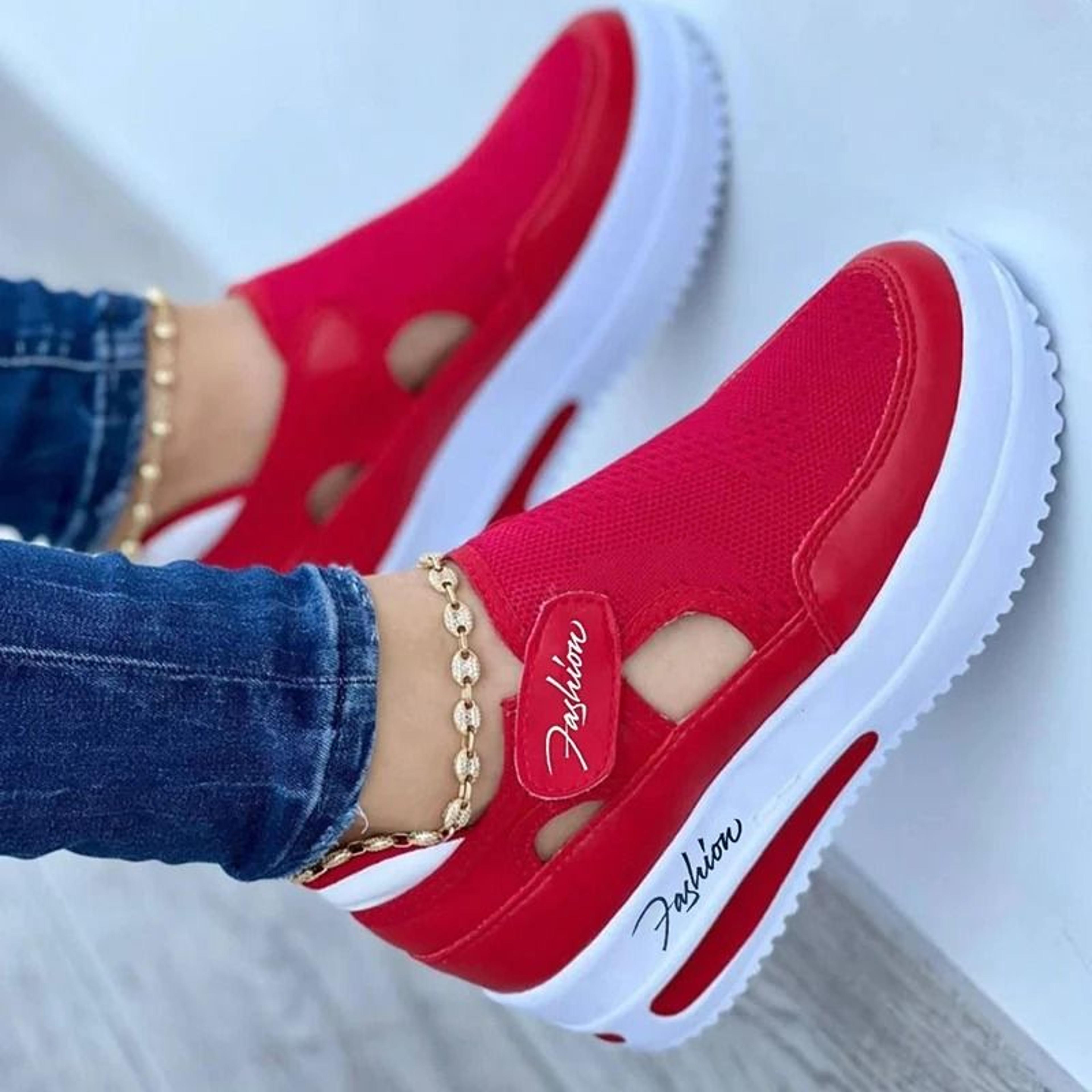 womens red canvas sneakers with platform sole and breathable hollow out design