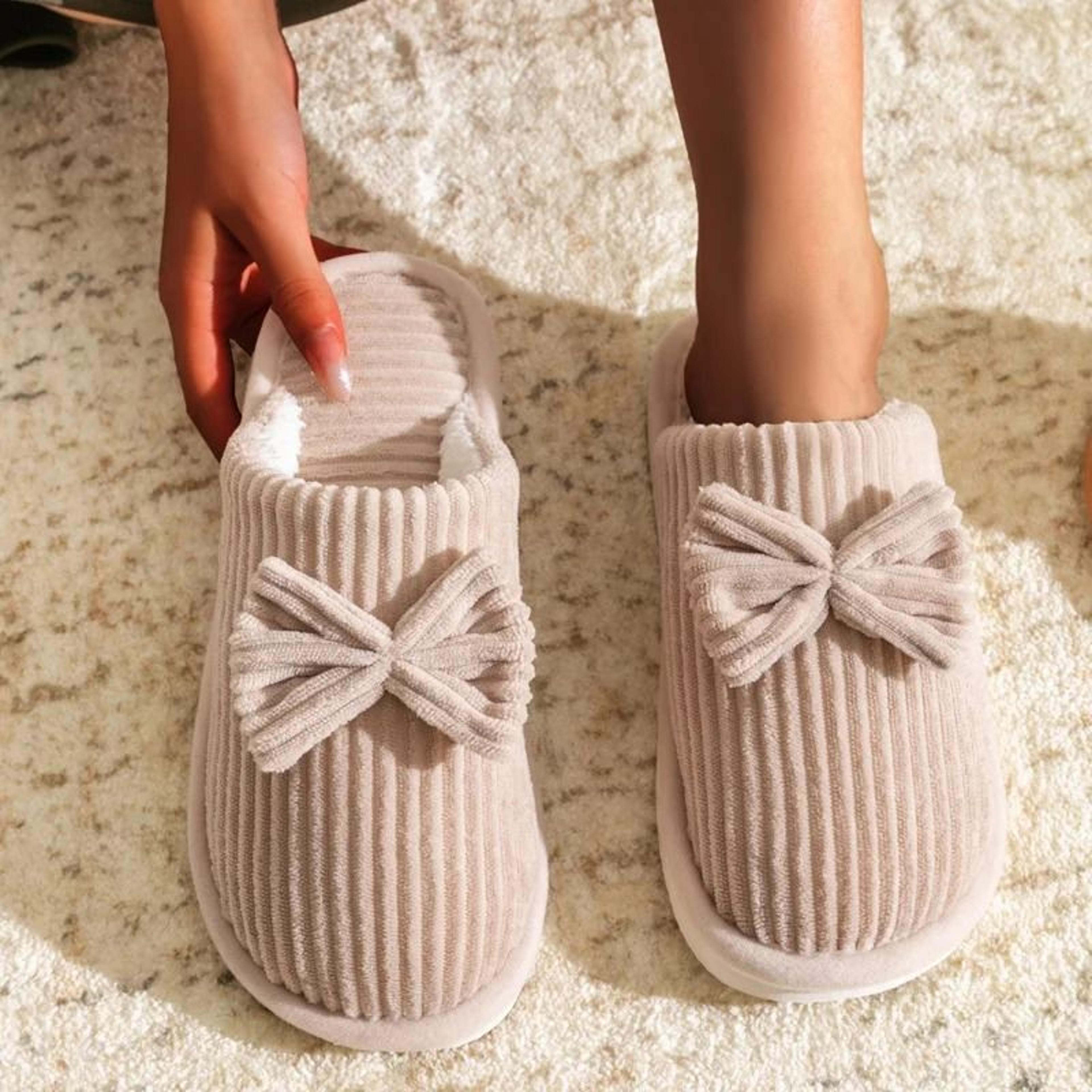 womens bow slippers soft warm indoor winter home shoes with lightweight sole