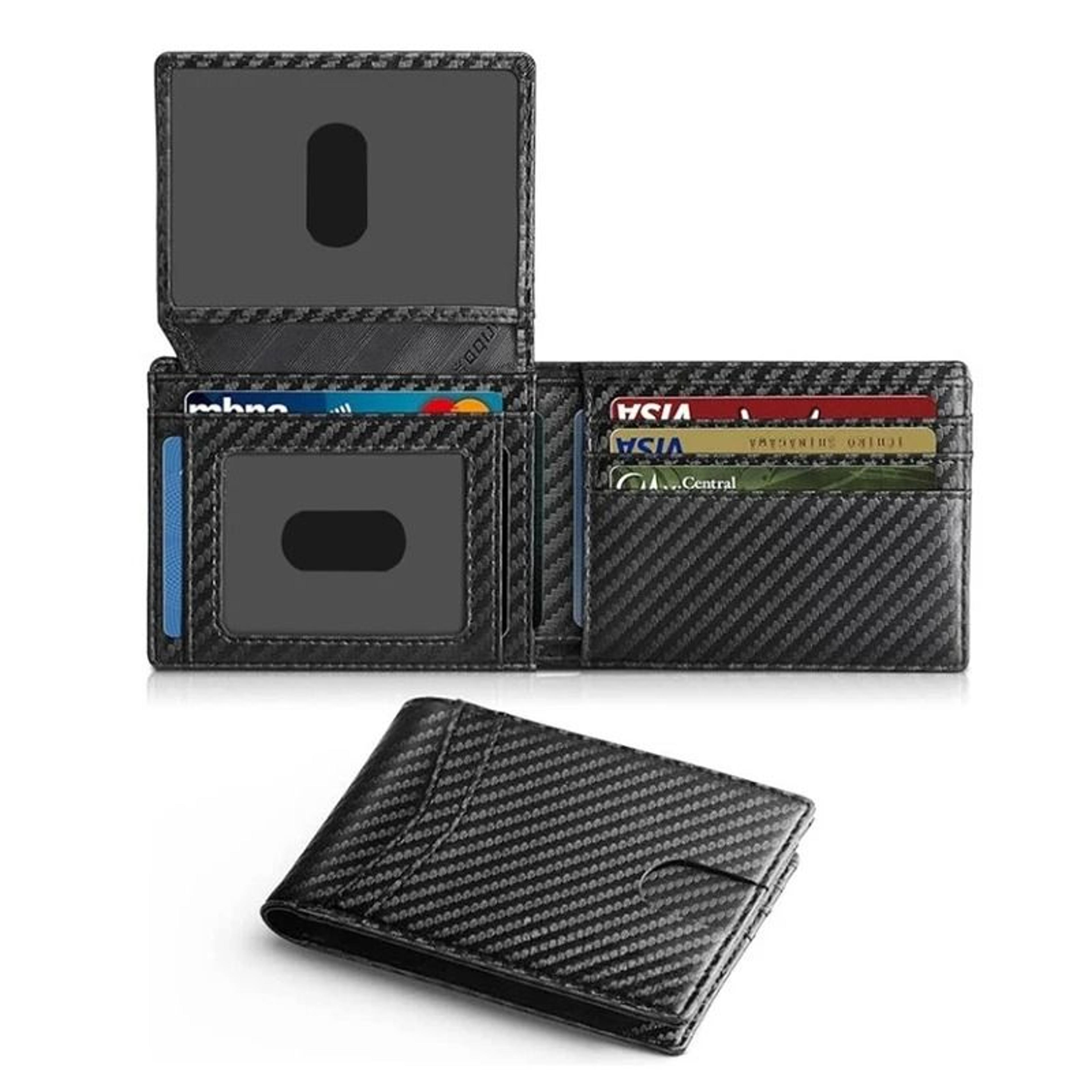 mens ultra thin rfid leather wallet with id window and carbon fiber detail