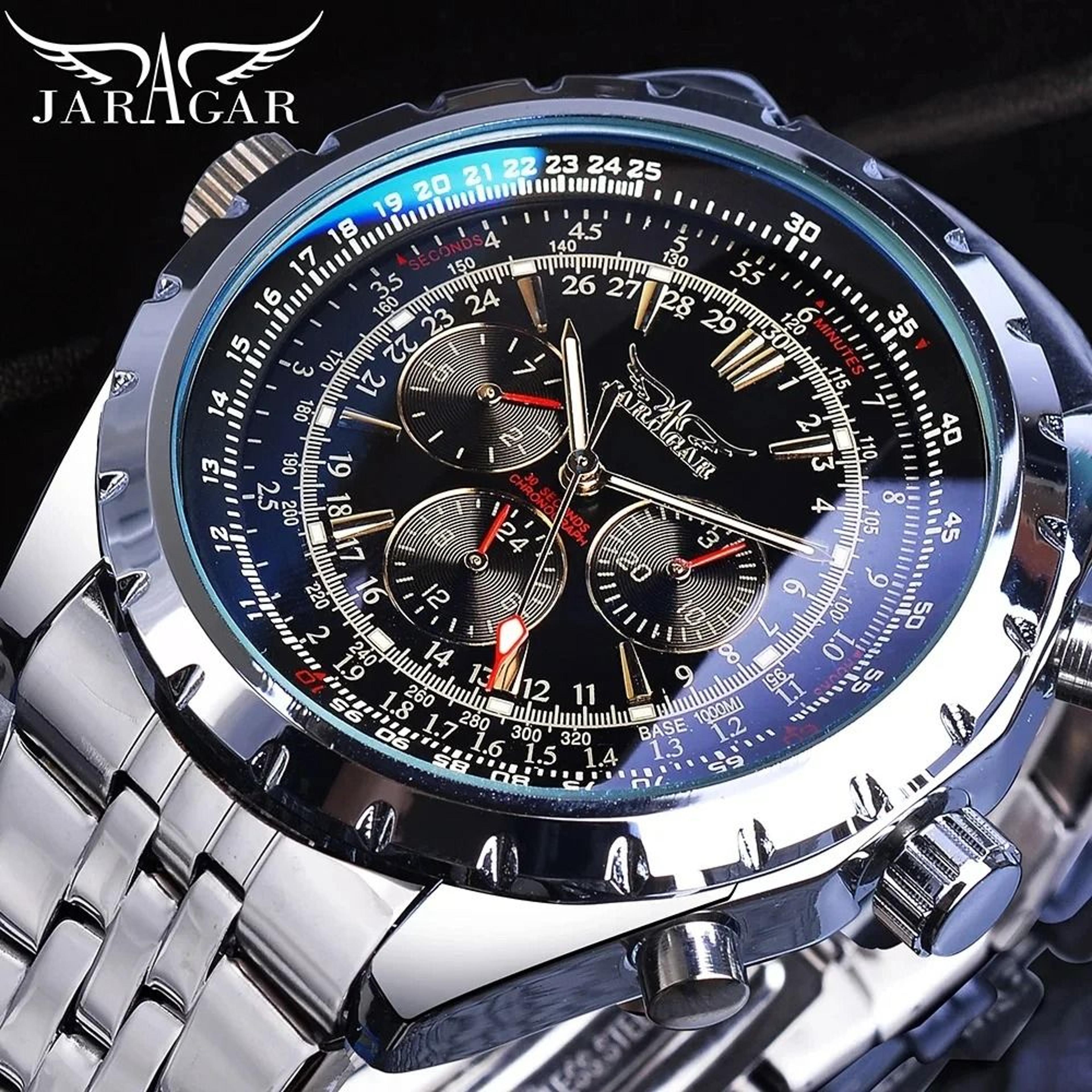 jaragar sports automatic mechanical watch for men silver stainless steel strap