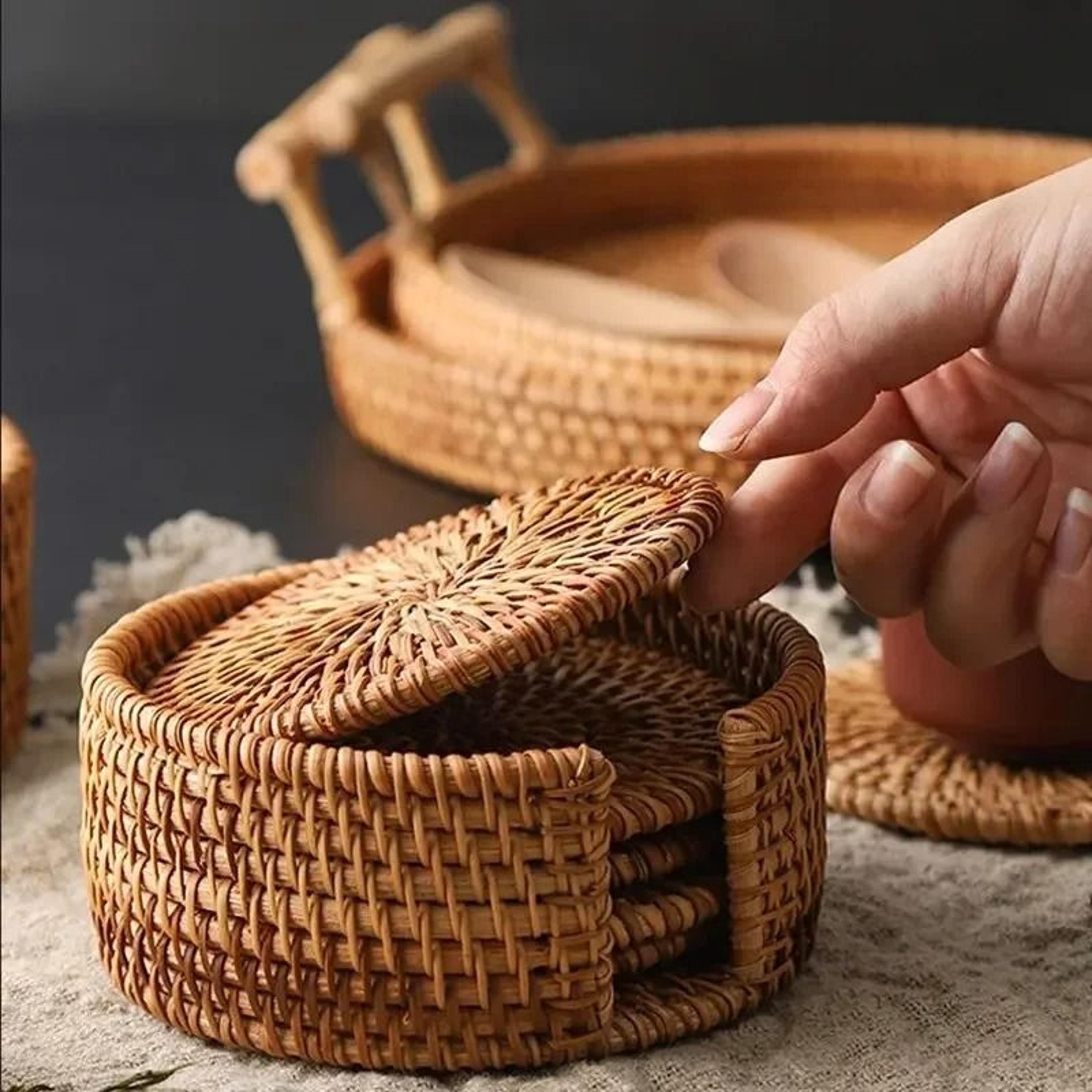 rattan weave drink coasters heat resistant cup mats for table protection
