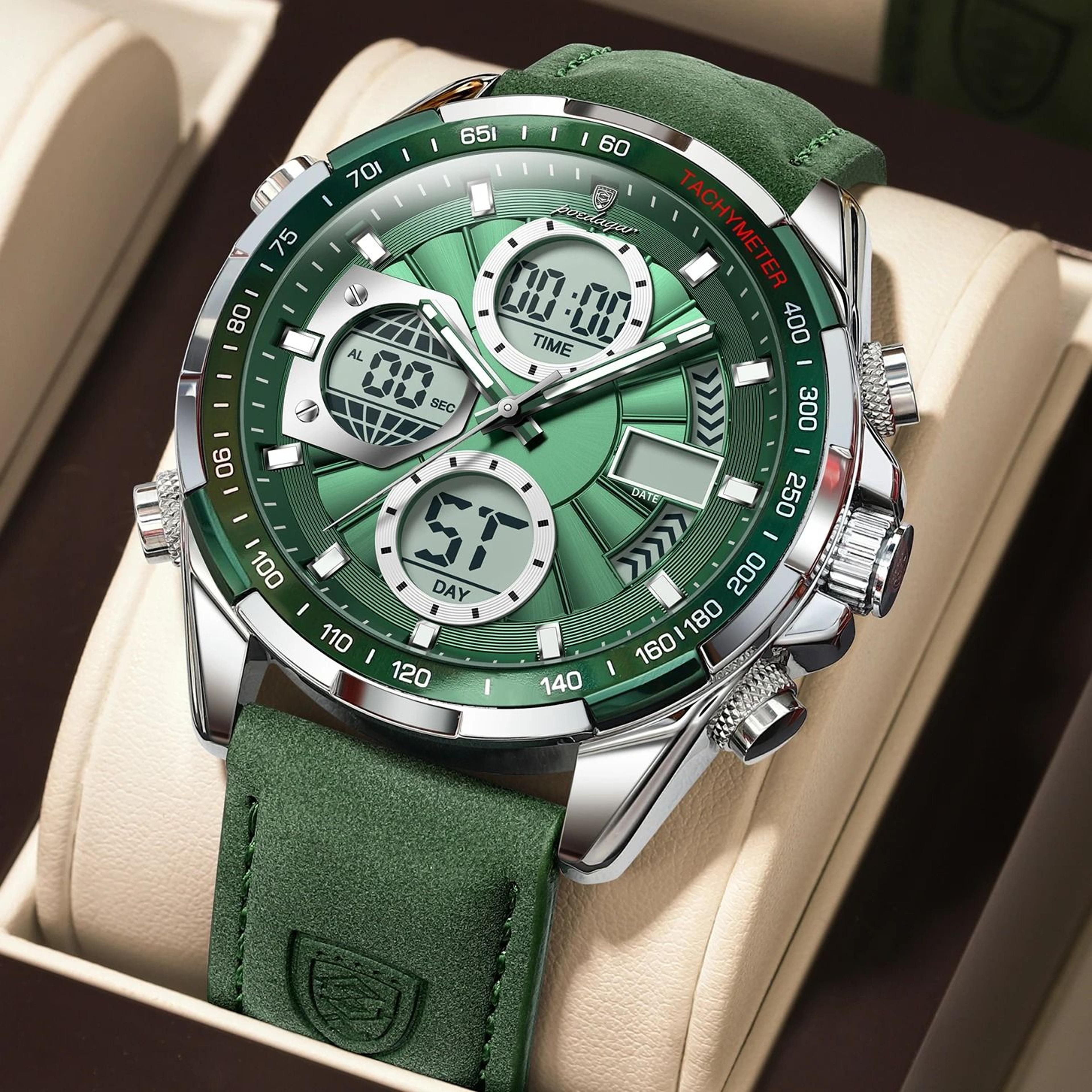 poedagar led dual time mens watch with week date display and quartz movement