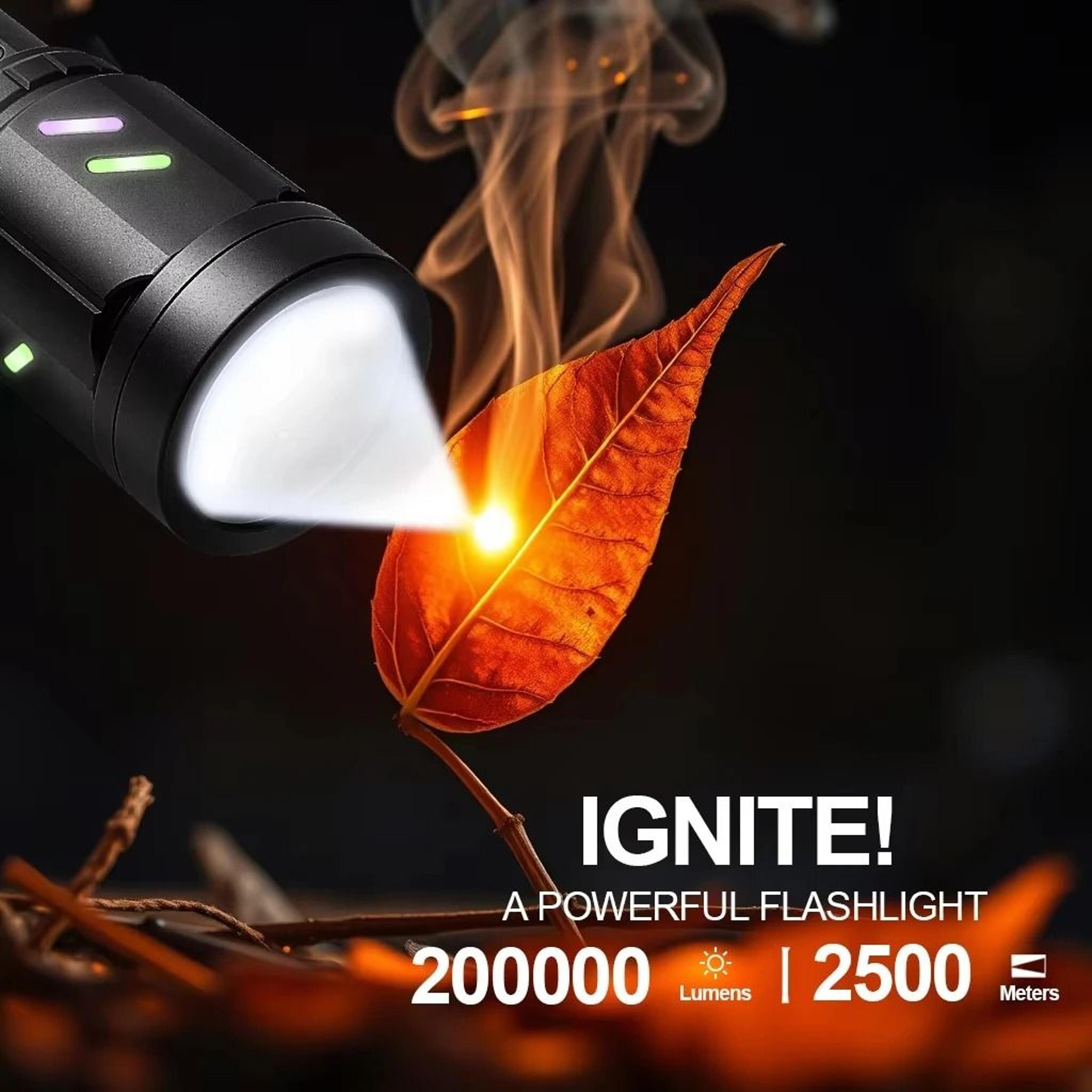 200000lm tactical flashlight rechargeable with typec and firestarter feature
