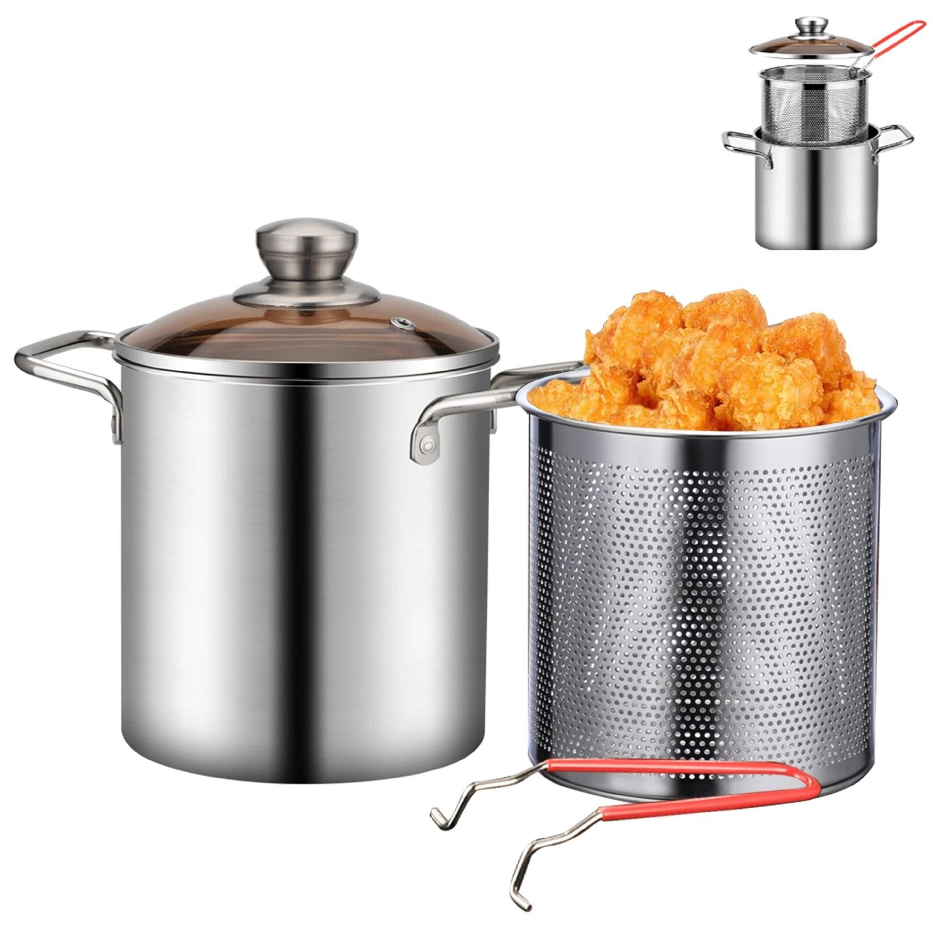 stainless steel deep frying pot with basket and lid