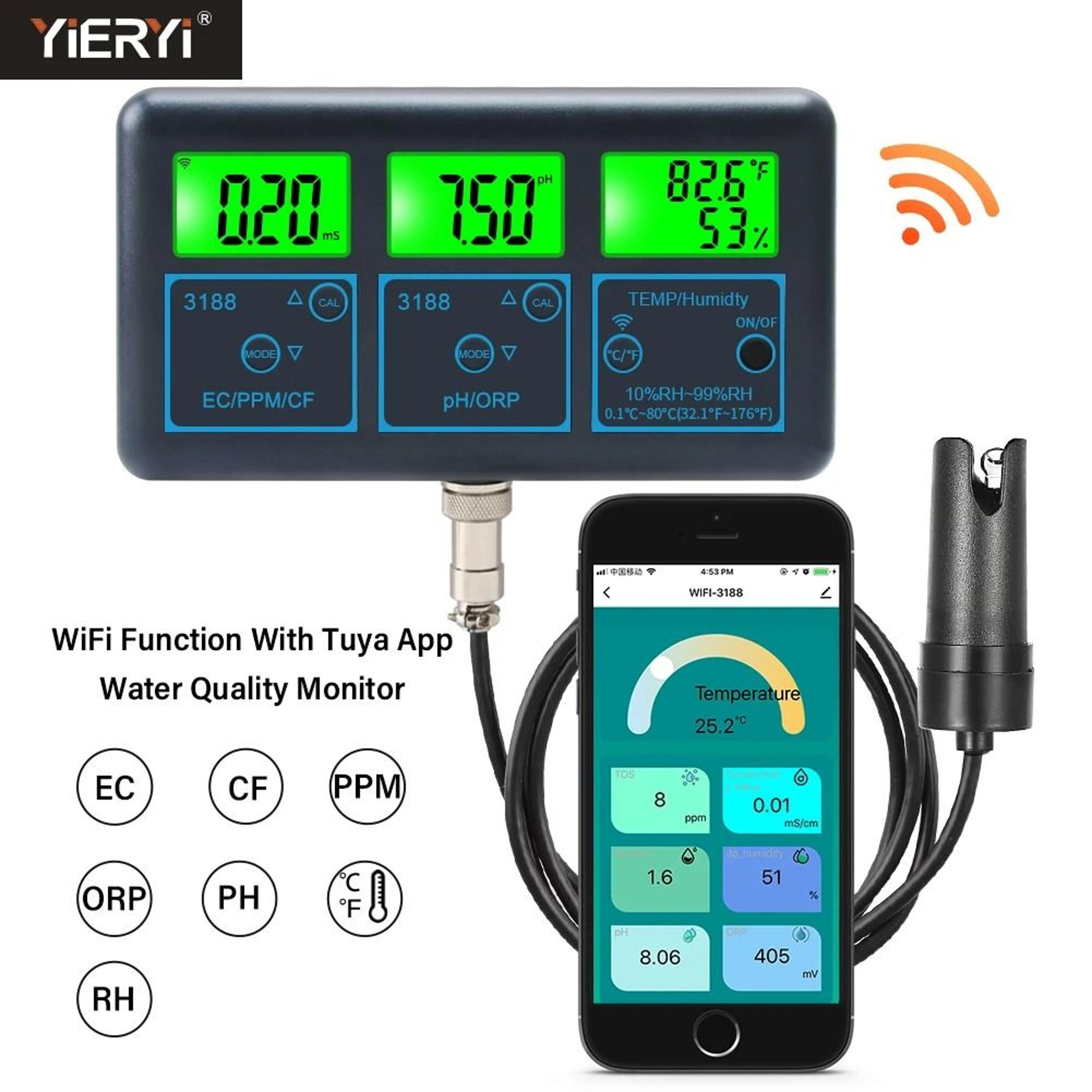 wifi smart 7 in 1 water quality tester with ph ec orp tds monitoring
