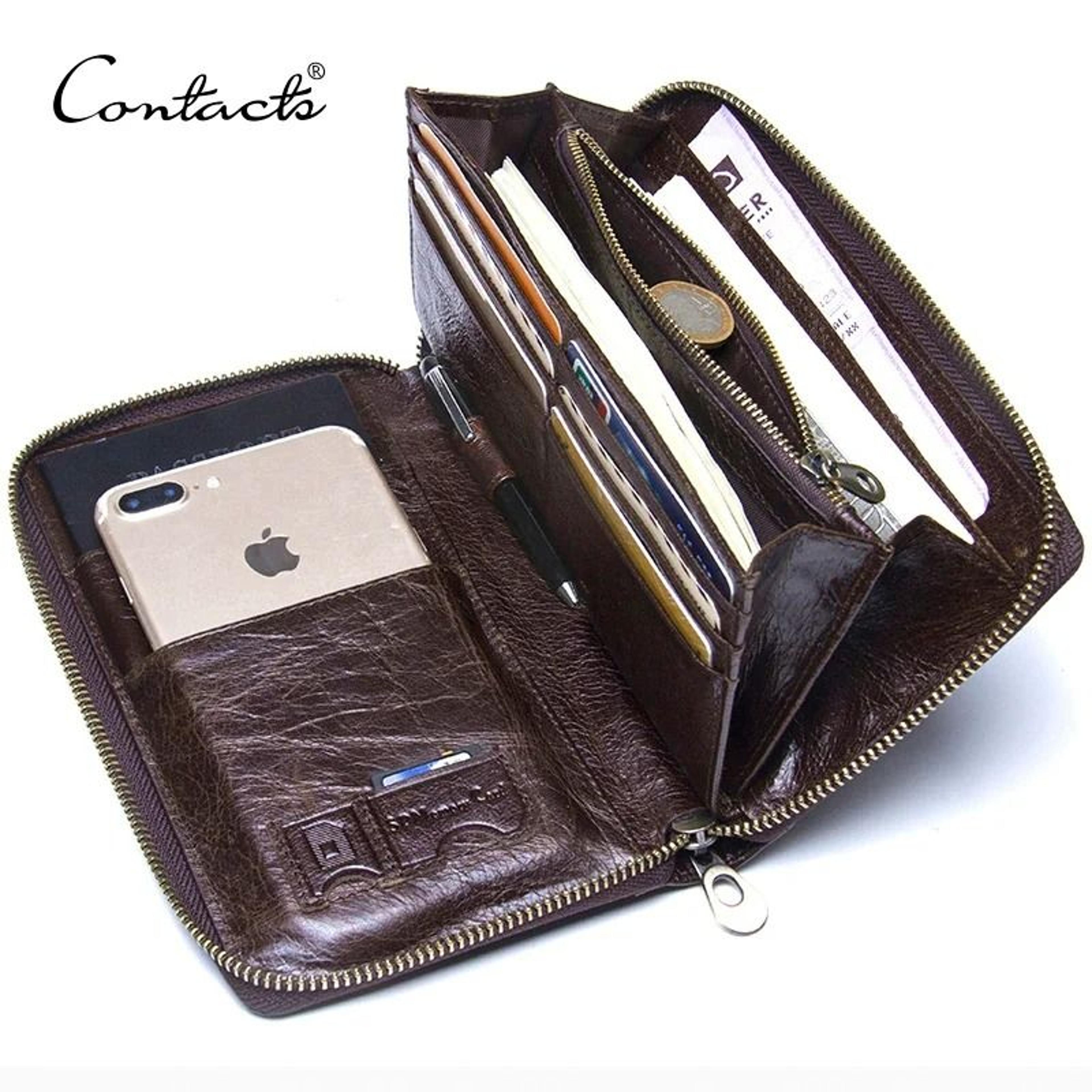 genuine leather men clutch wallet long zipper travel purse