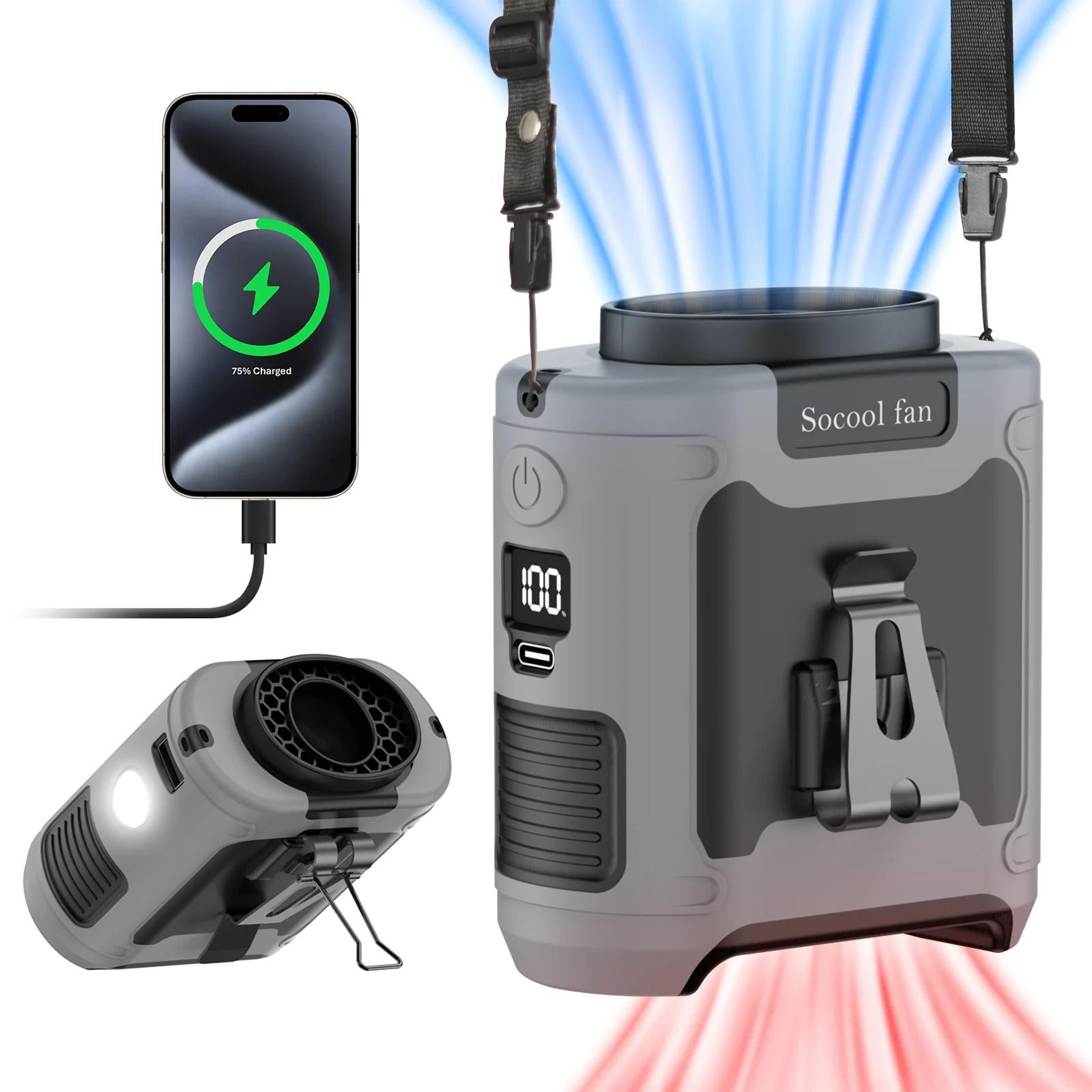 socool 10000mah waist fan and handheld neck fan for outdoor use