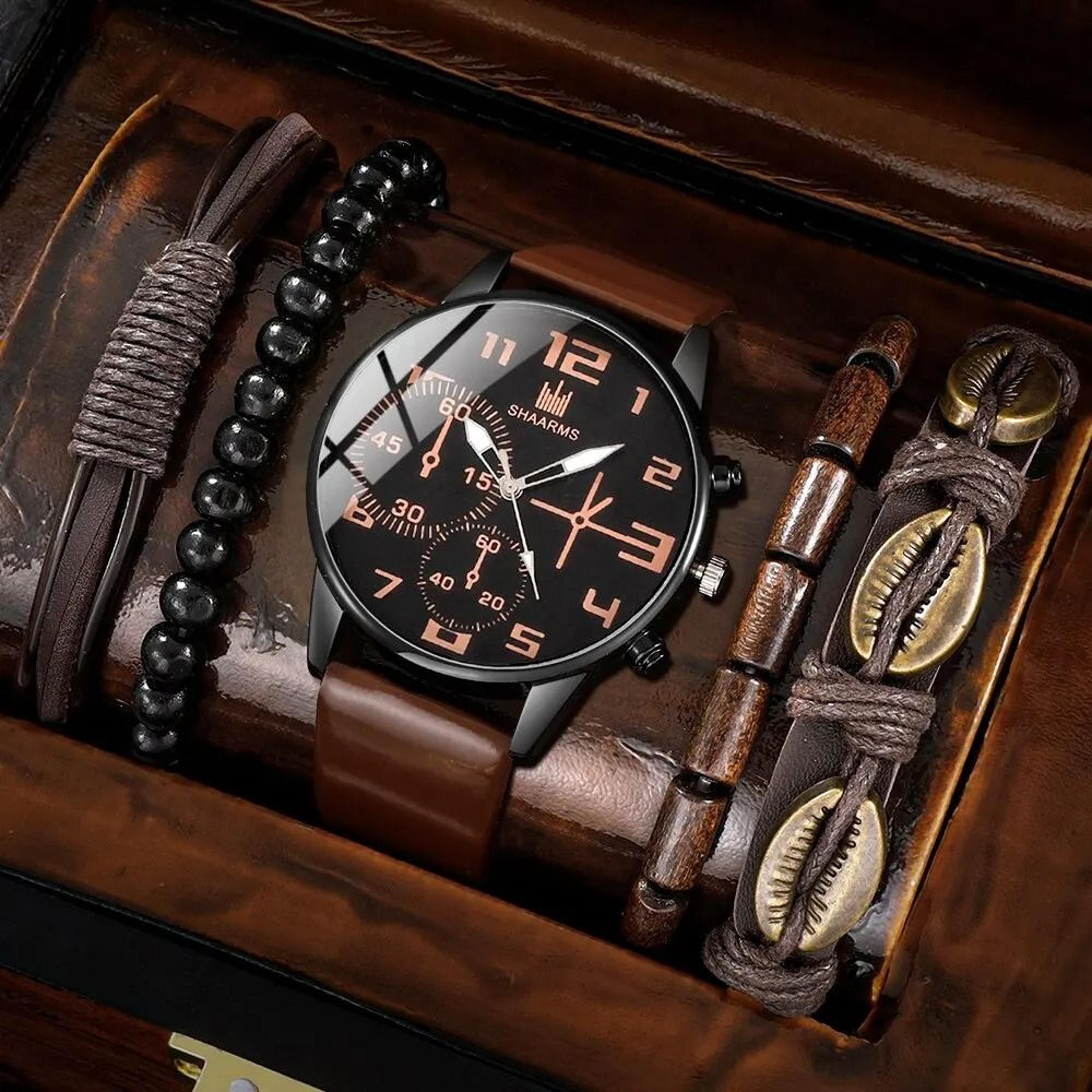 mens sports bracelet quartz watch set 5 pcs