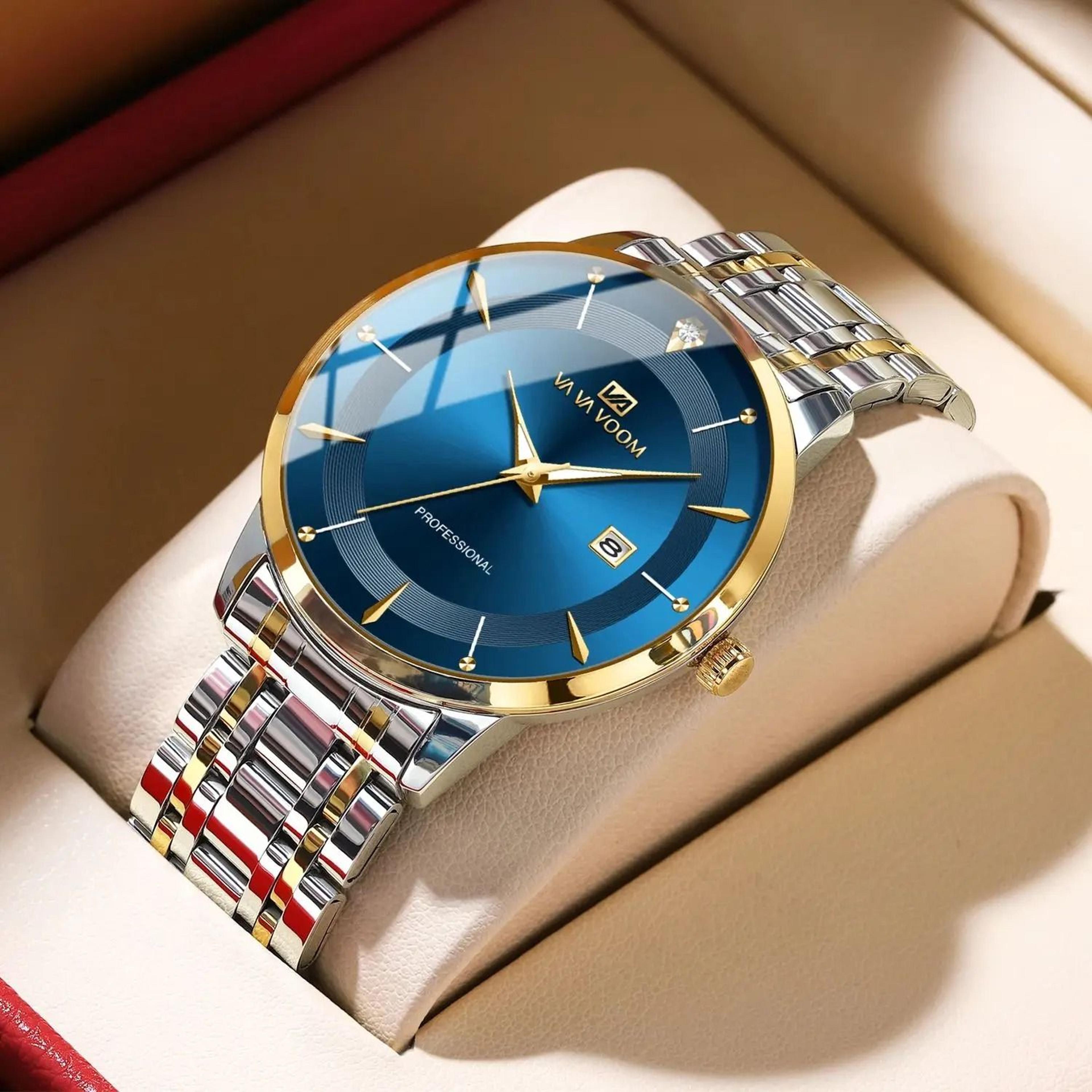 mens stainless steel rhinestone business watch 43mm blue gold quartz