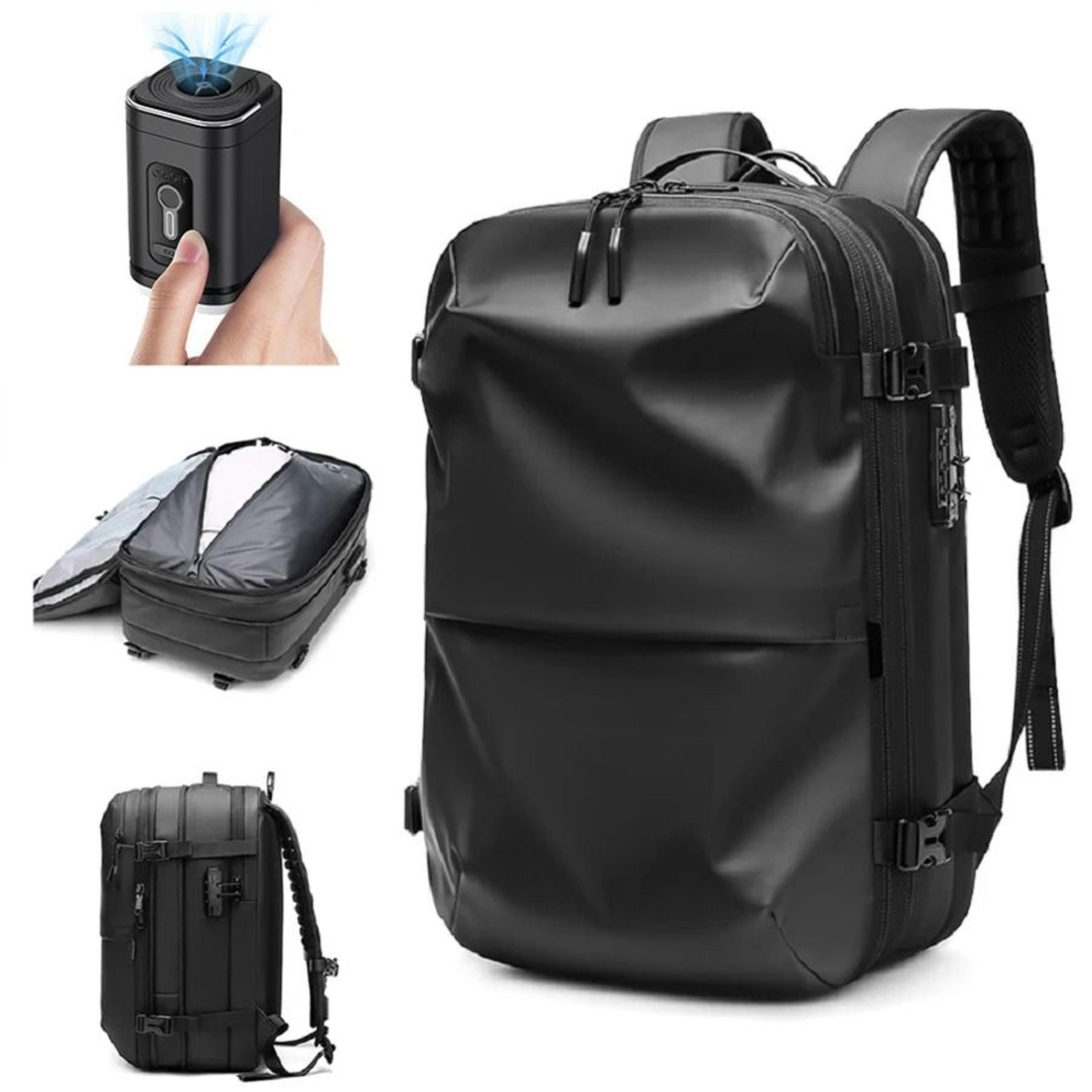 men travel laptop backpack with vacuum compression and expandable storage
