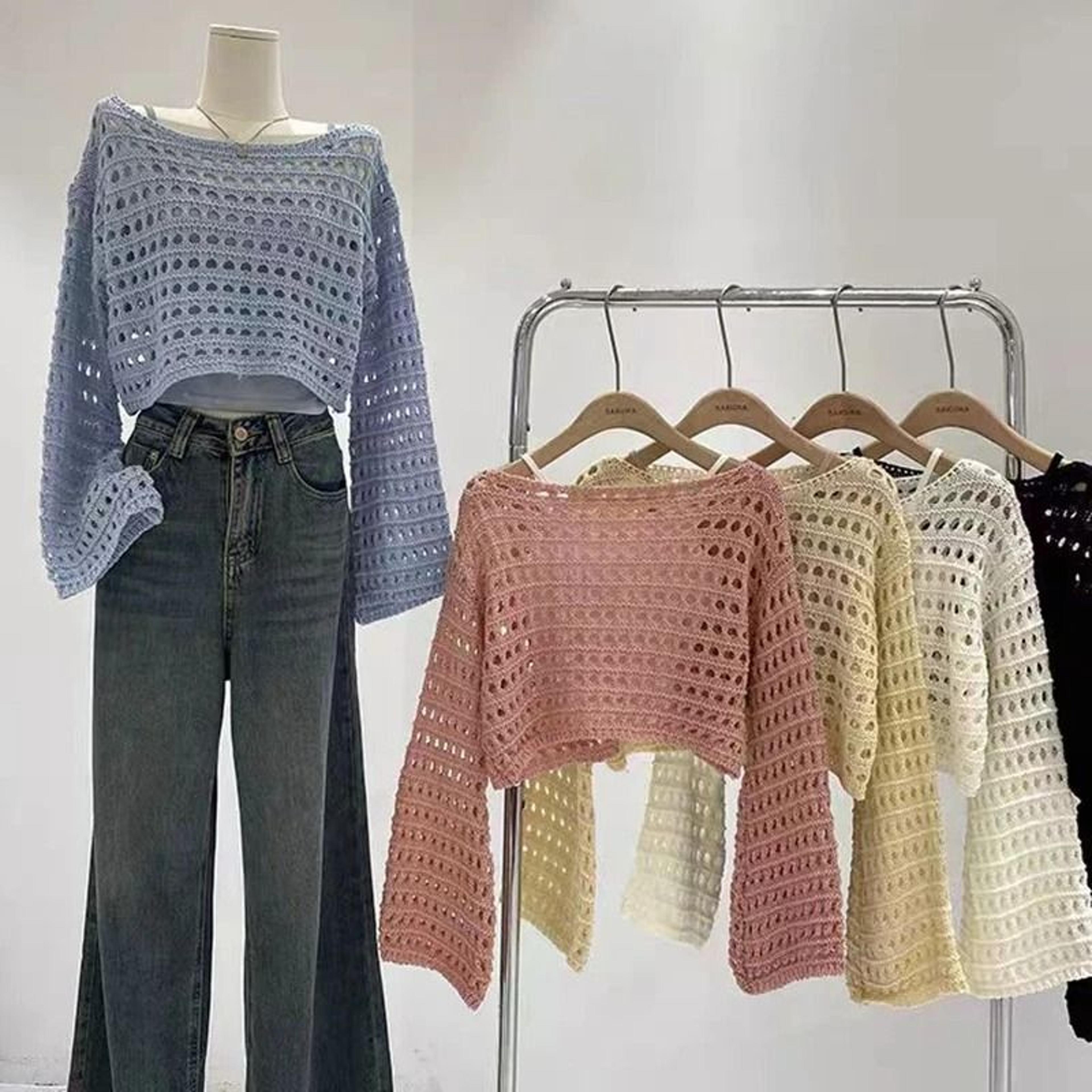 women long sleeve crochet knit crop top beach vacation pullover