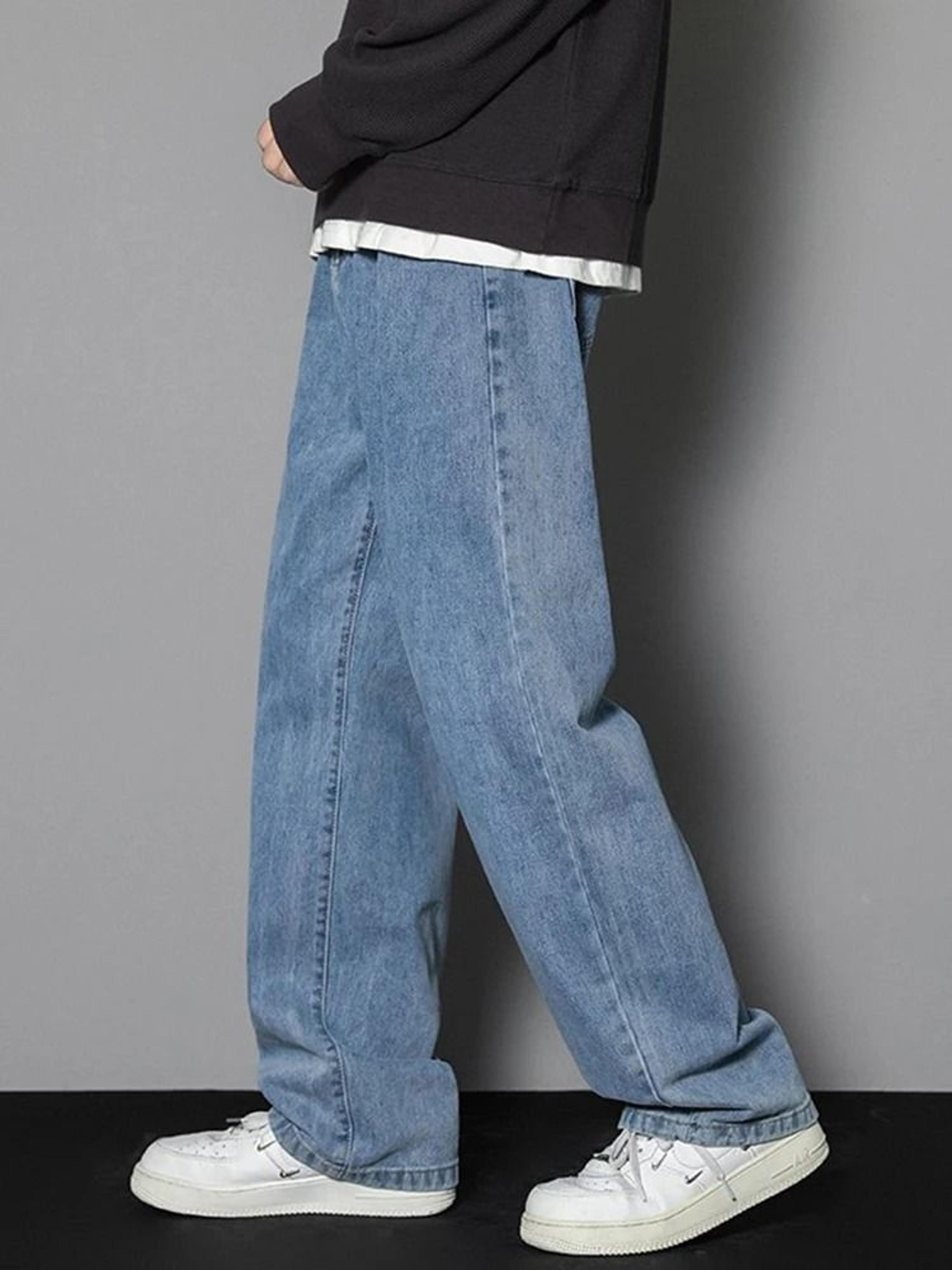 men casual straight denim jeans classic wide leg pants