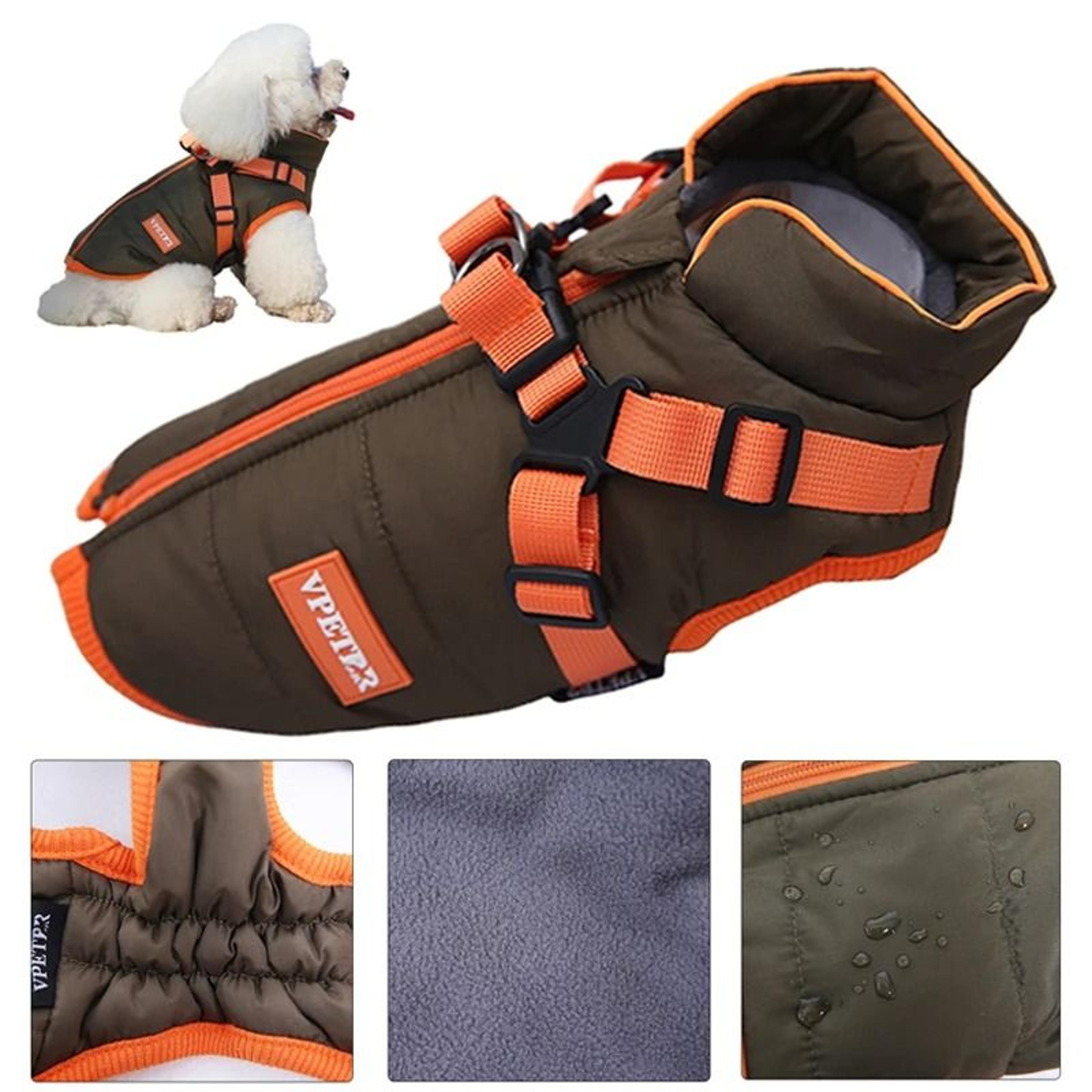 waterproof puppy winter jacket with built-in harness for small dogs