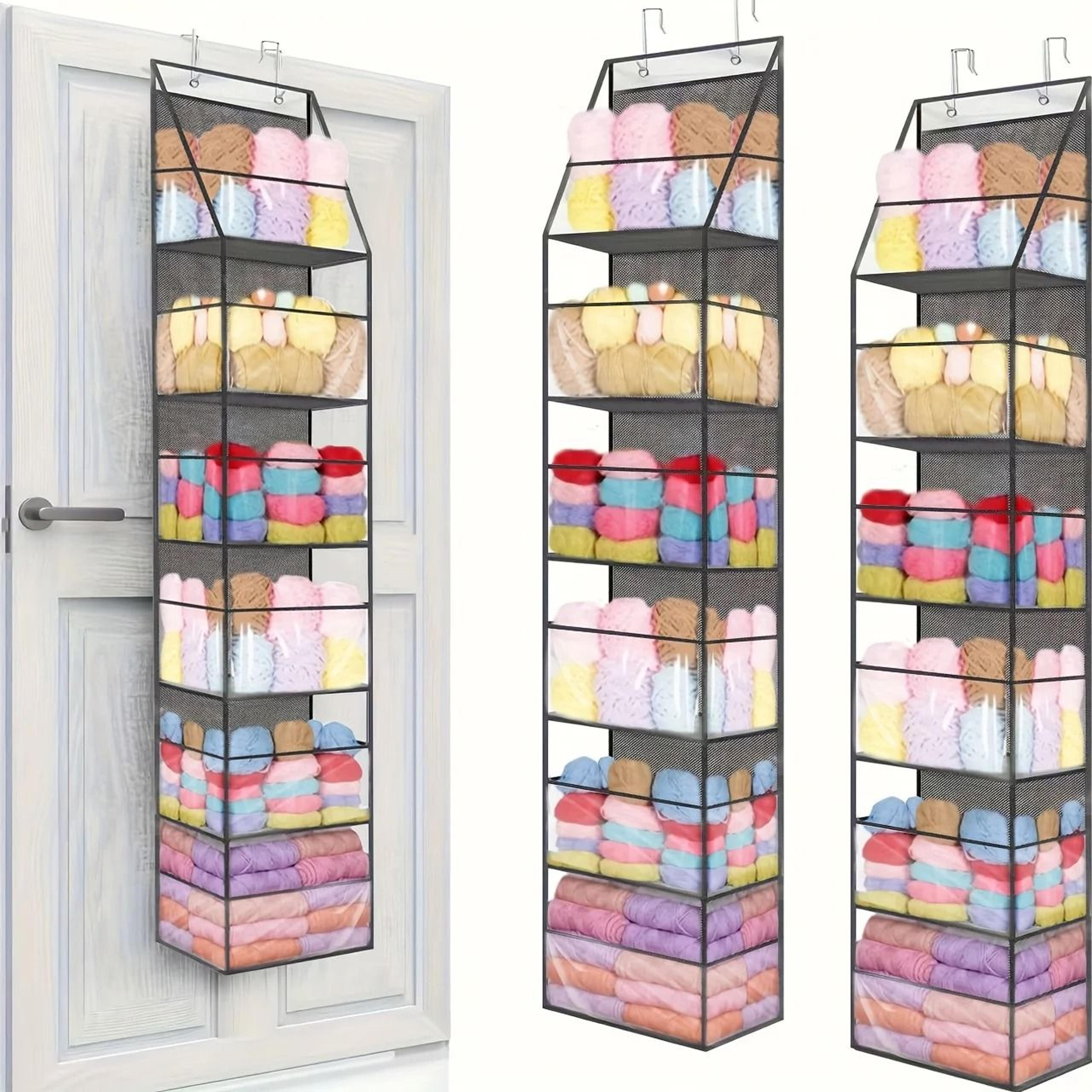 door mounted yarn storage organizer for knitting and crochet with transparent bags and hooks