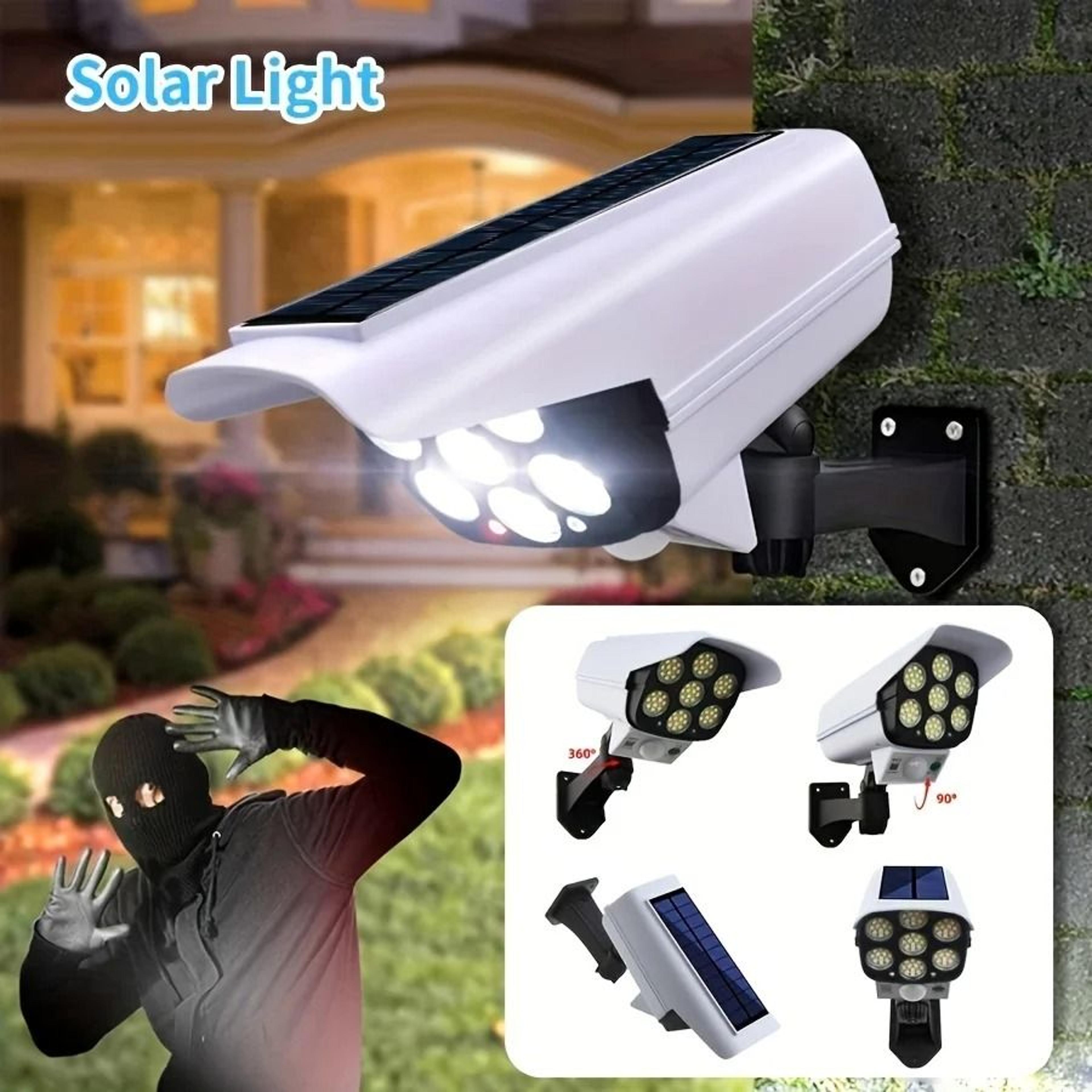 led outdoor motion sensor solar flood light with dummy security camera design