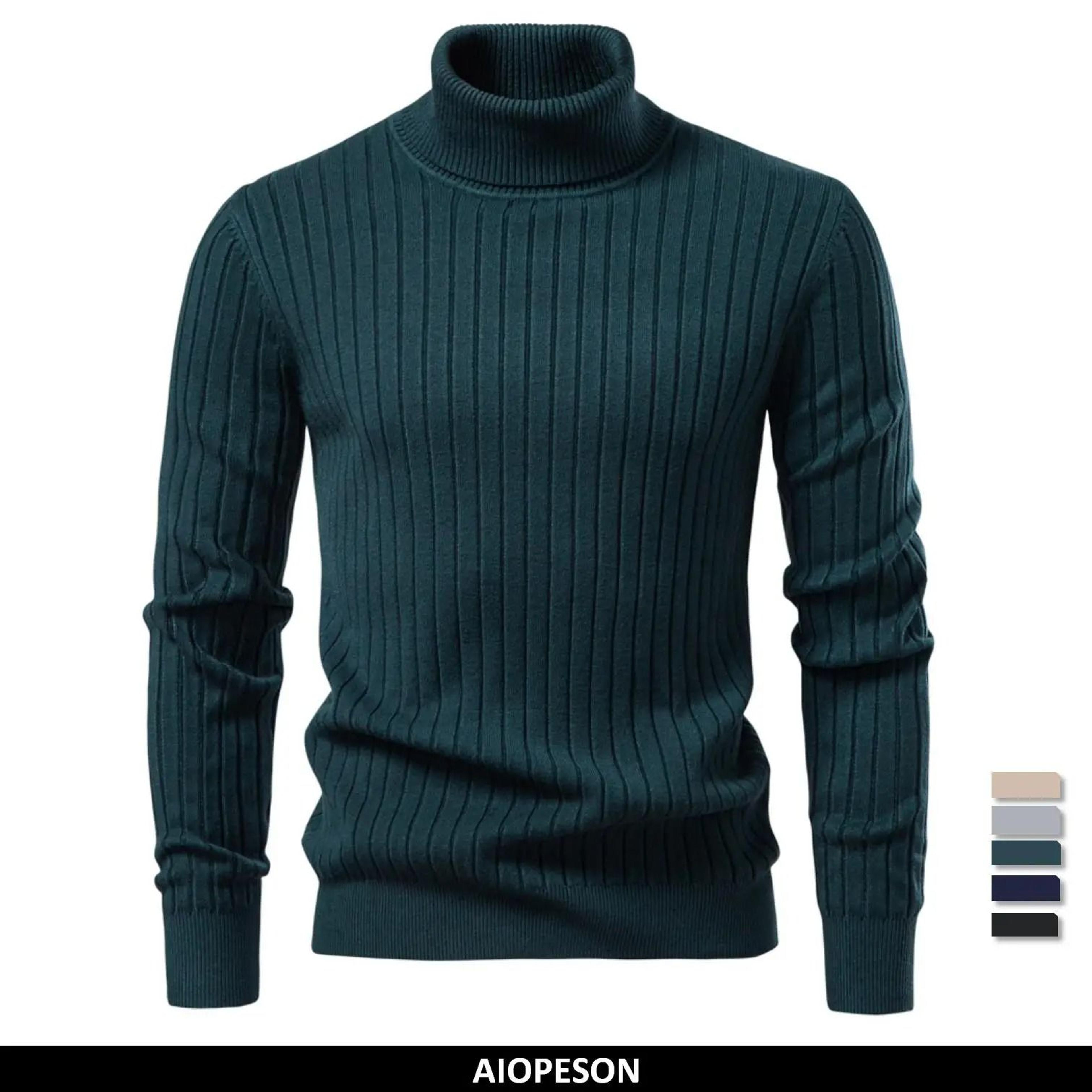 mens turtleneck knit sweater solid color striped winter pullover