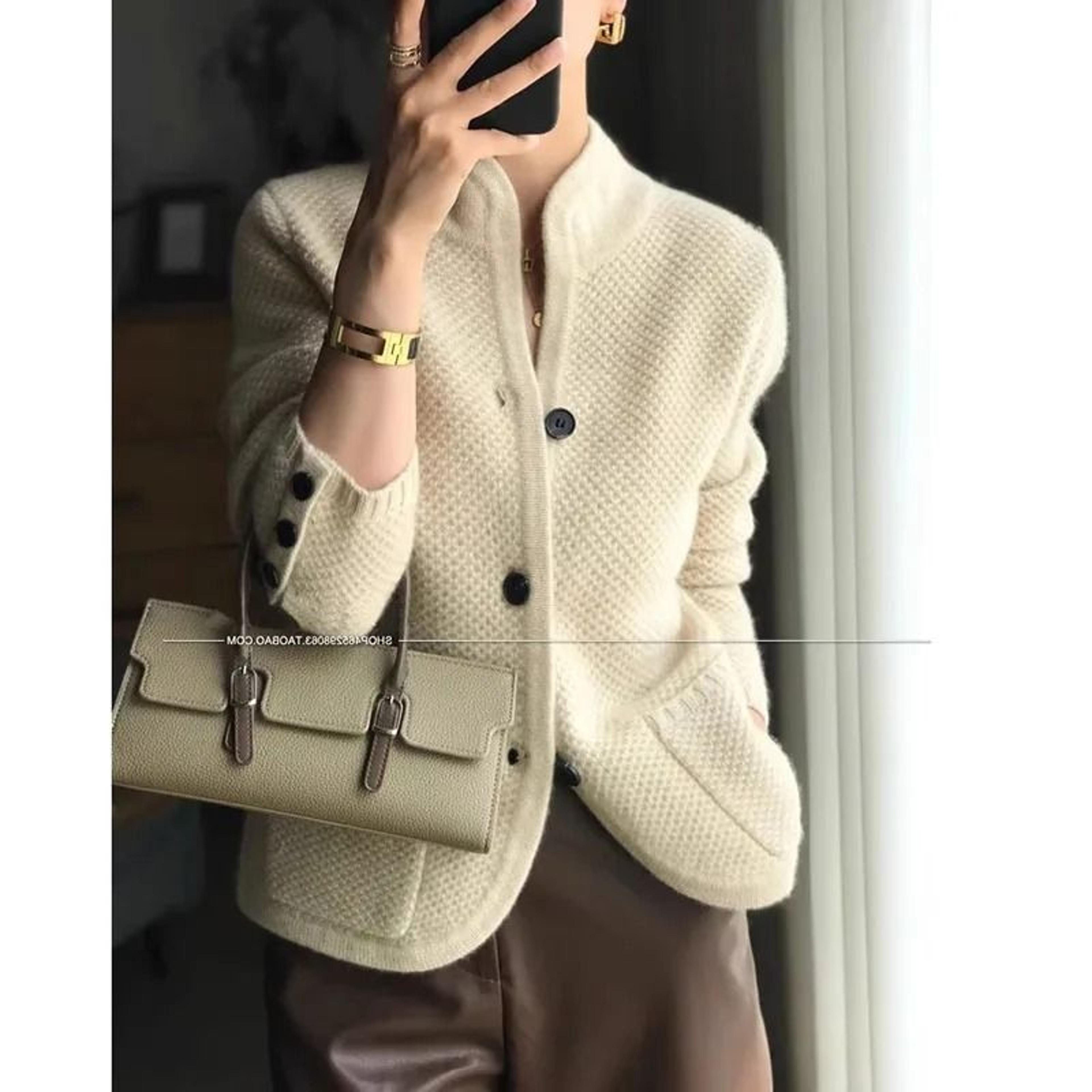 womens 100 percent cashmere wool cardigan stand neck loose knit sweater jacket