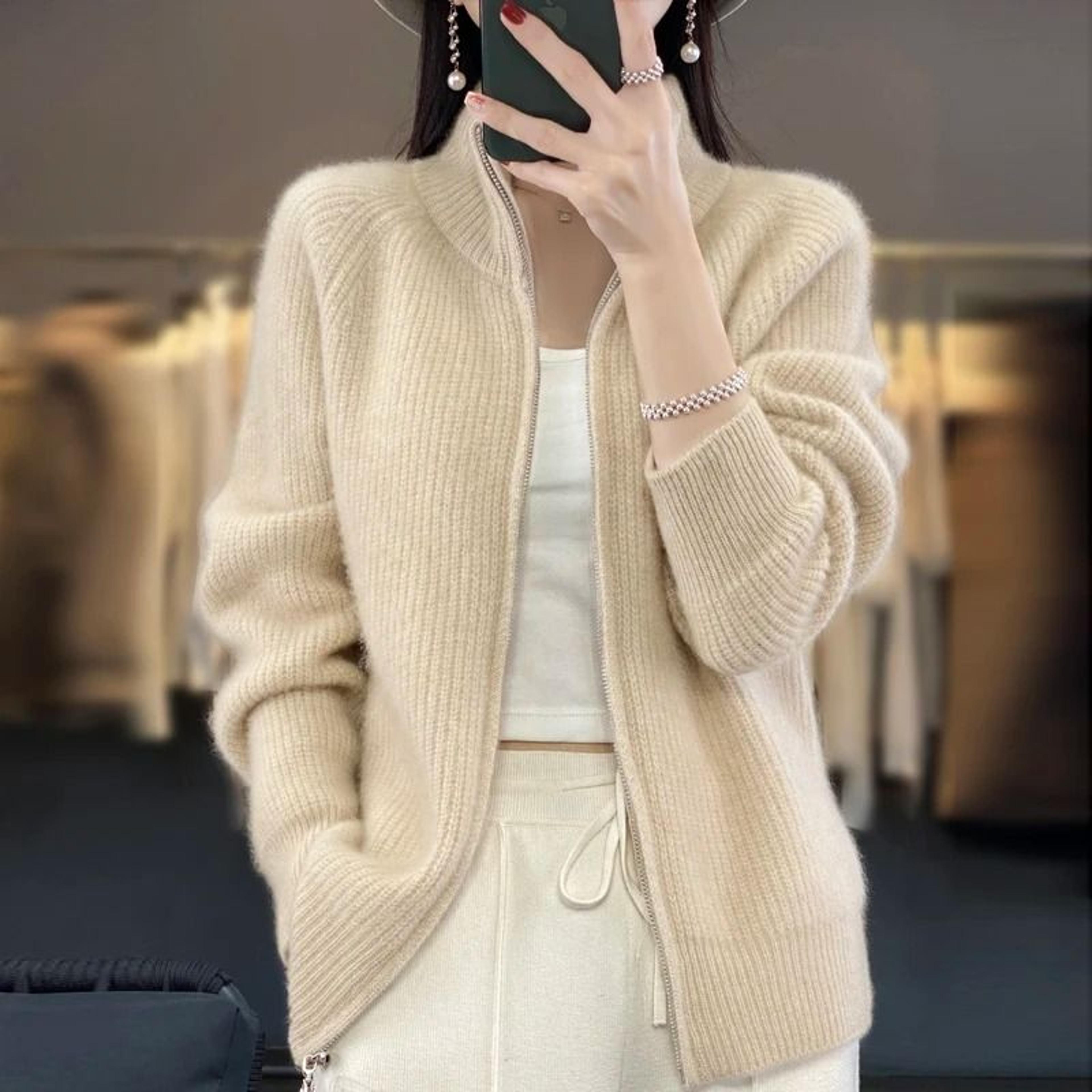 womens 100 percent wool zipper cardigan stand collar cashmere knit sweater coat