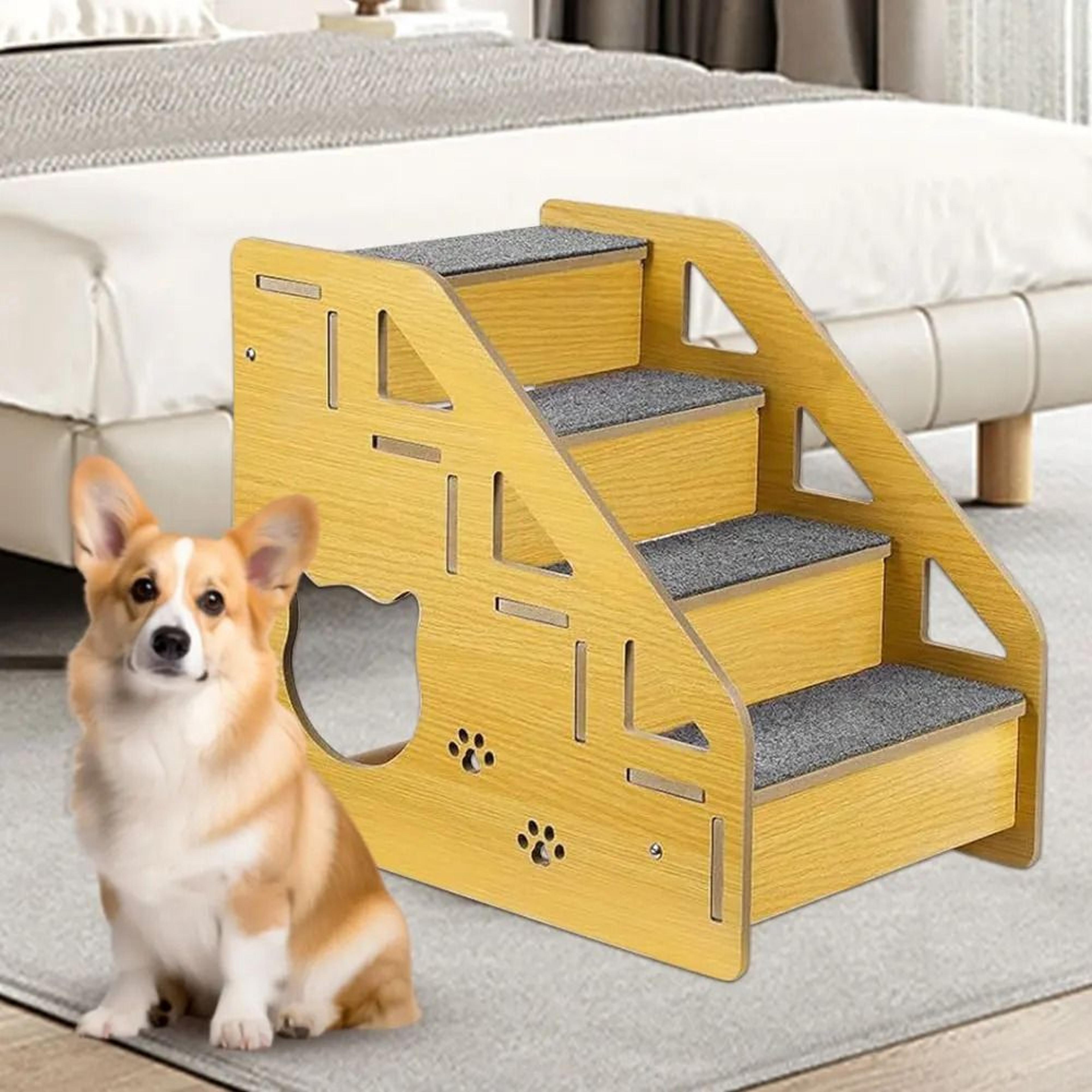 4 step wooden pet stair ladder with carpeted steps