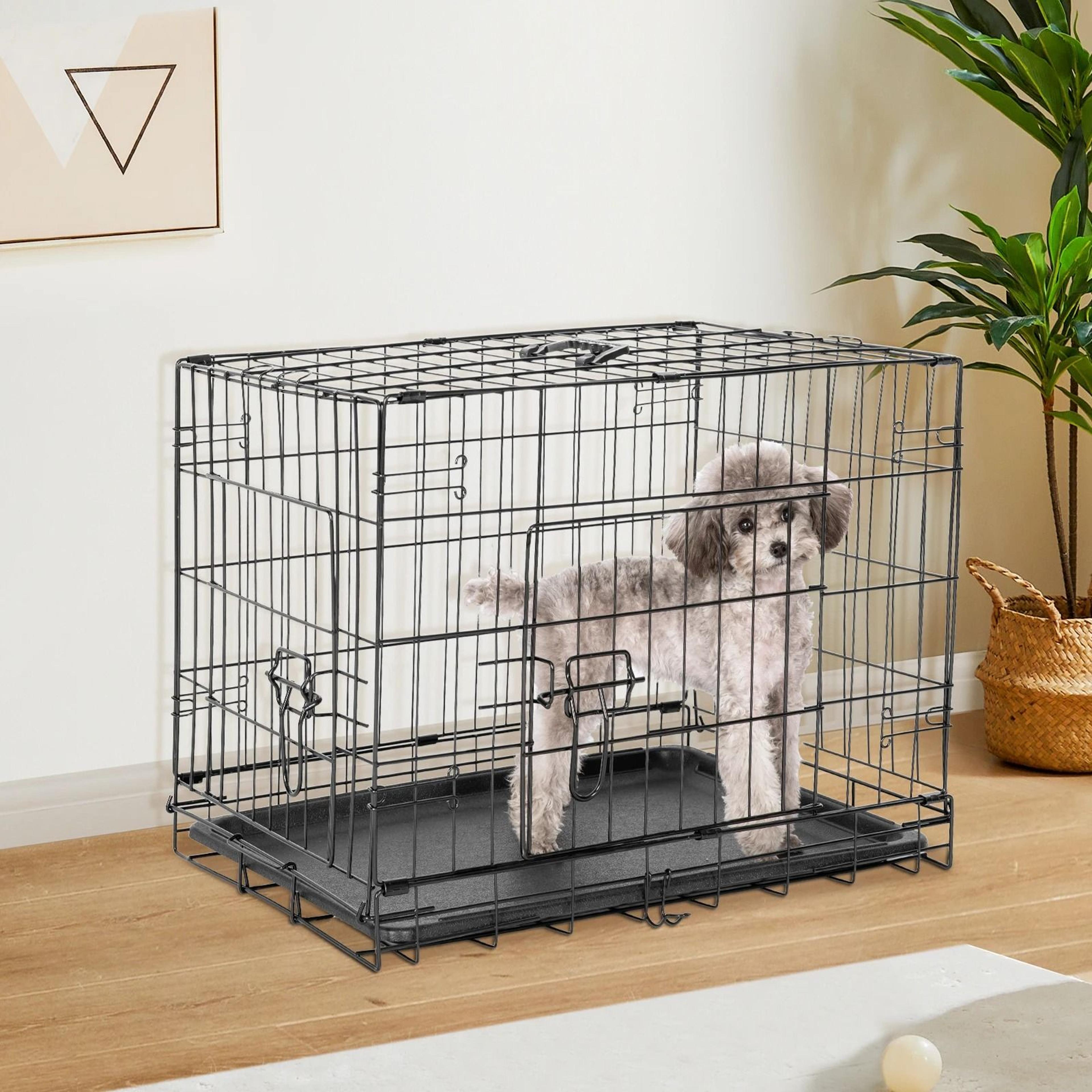 double door folding metal wire dog cage with leak proof tray for indoor and outdoor use