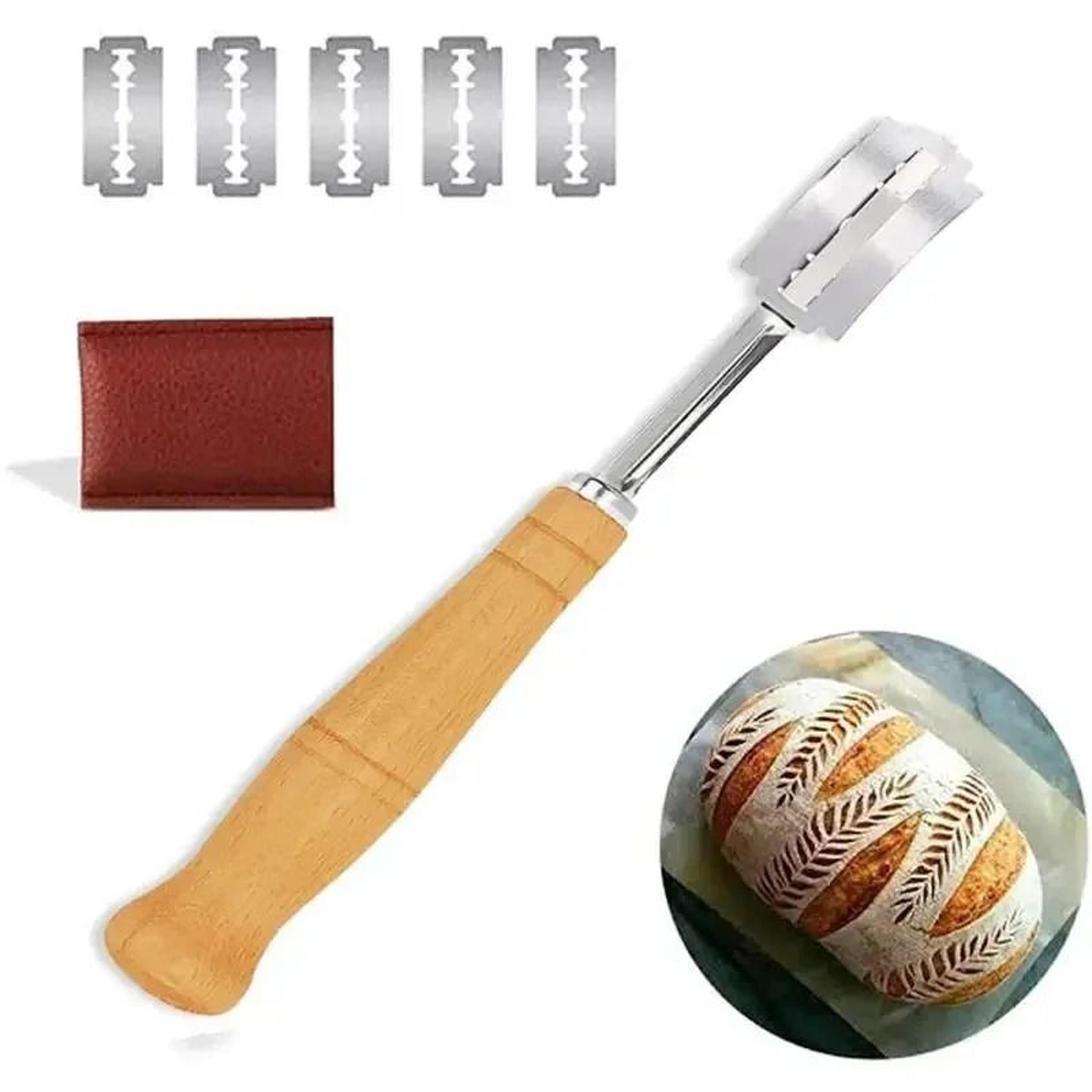 bread lame slashing tool with 5 razor blades and leather cover for homemade bread and pizza