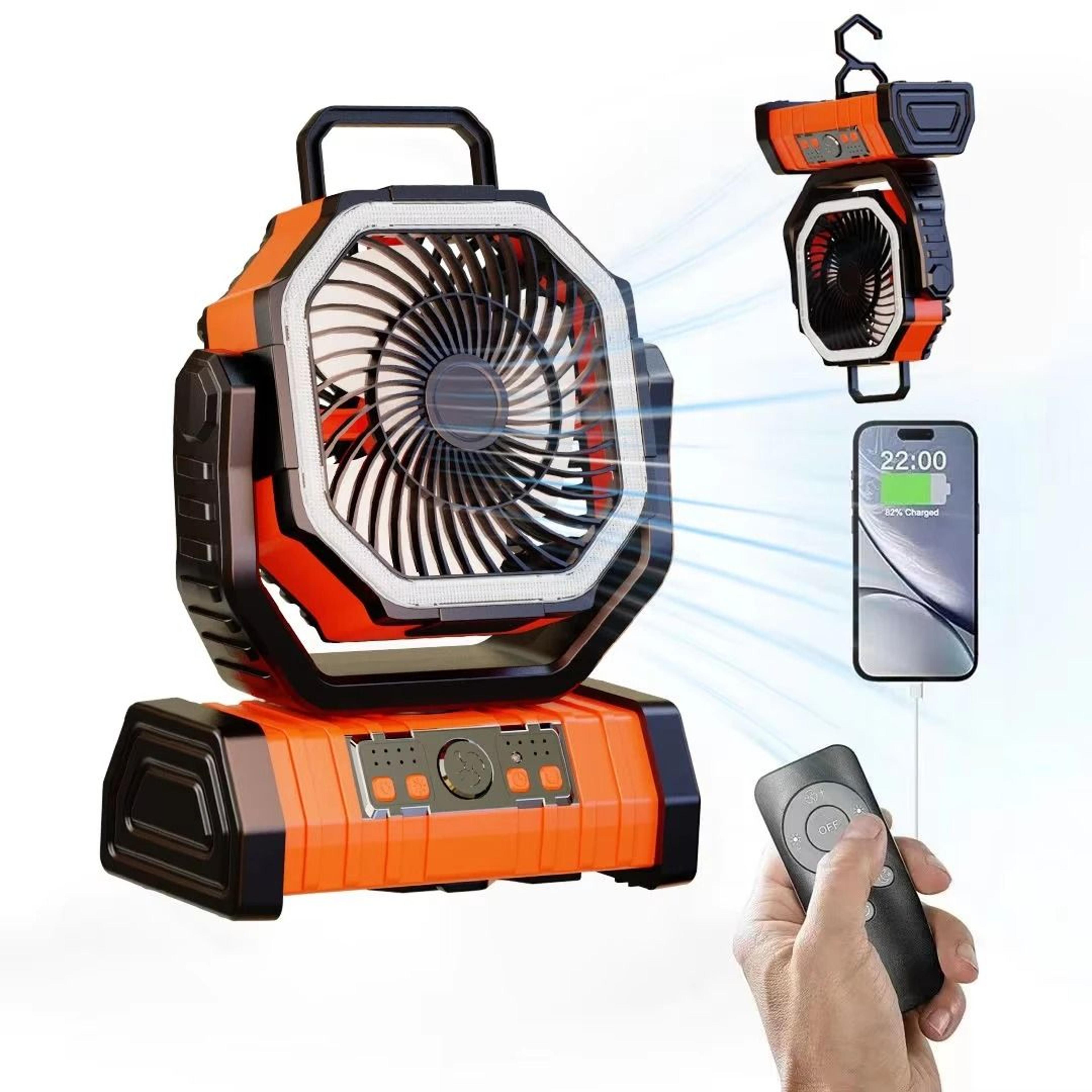 portable rechargeable camping fan with led light and hook 20000mah battery