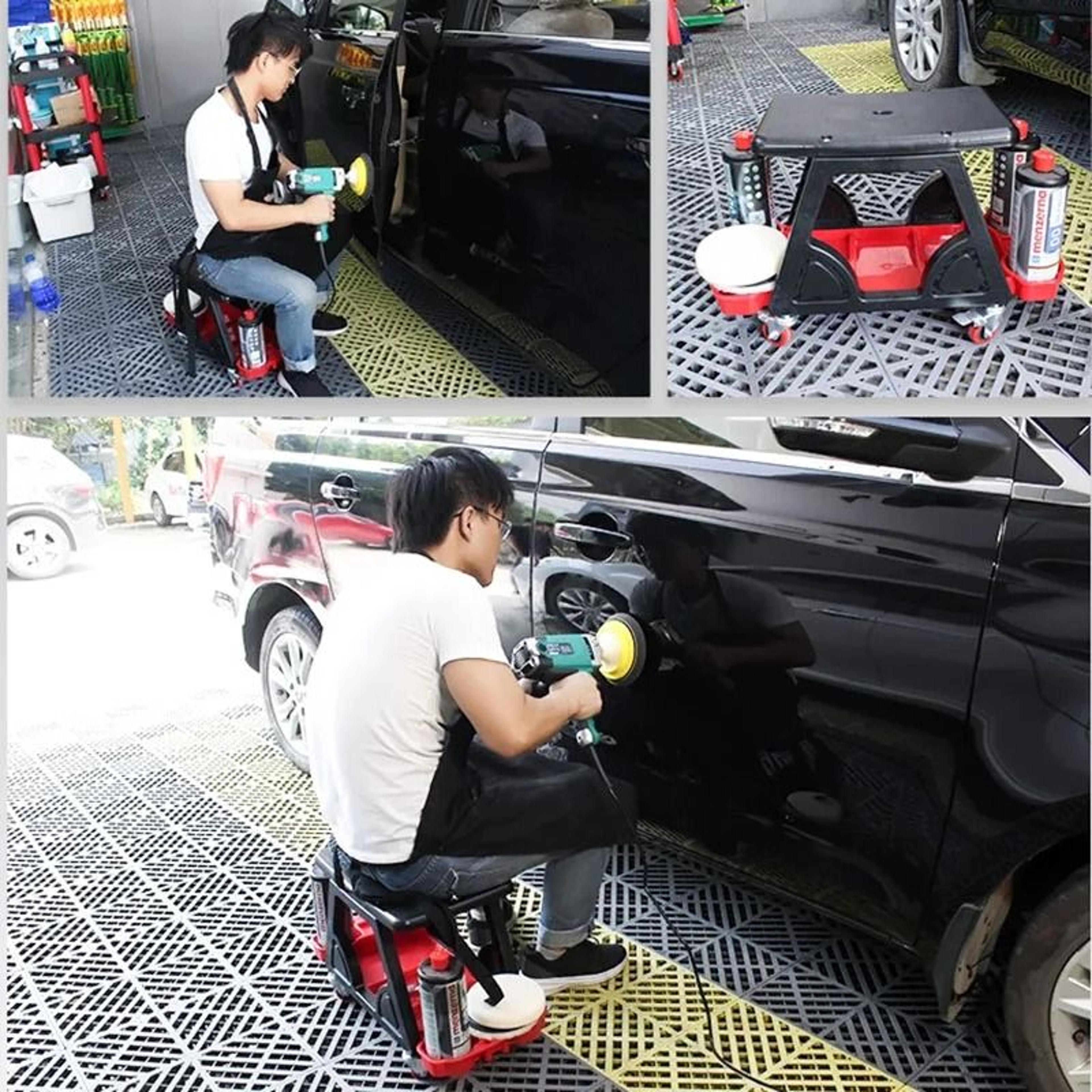 car wash work bench and mobile tool cart seat for auto detailing
