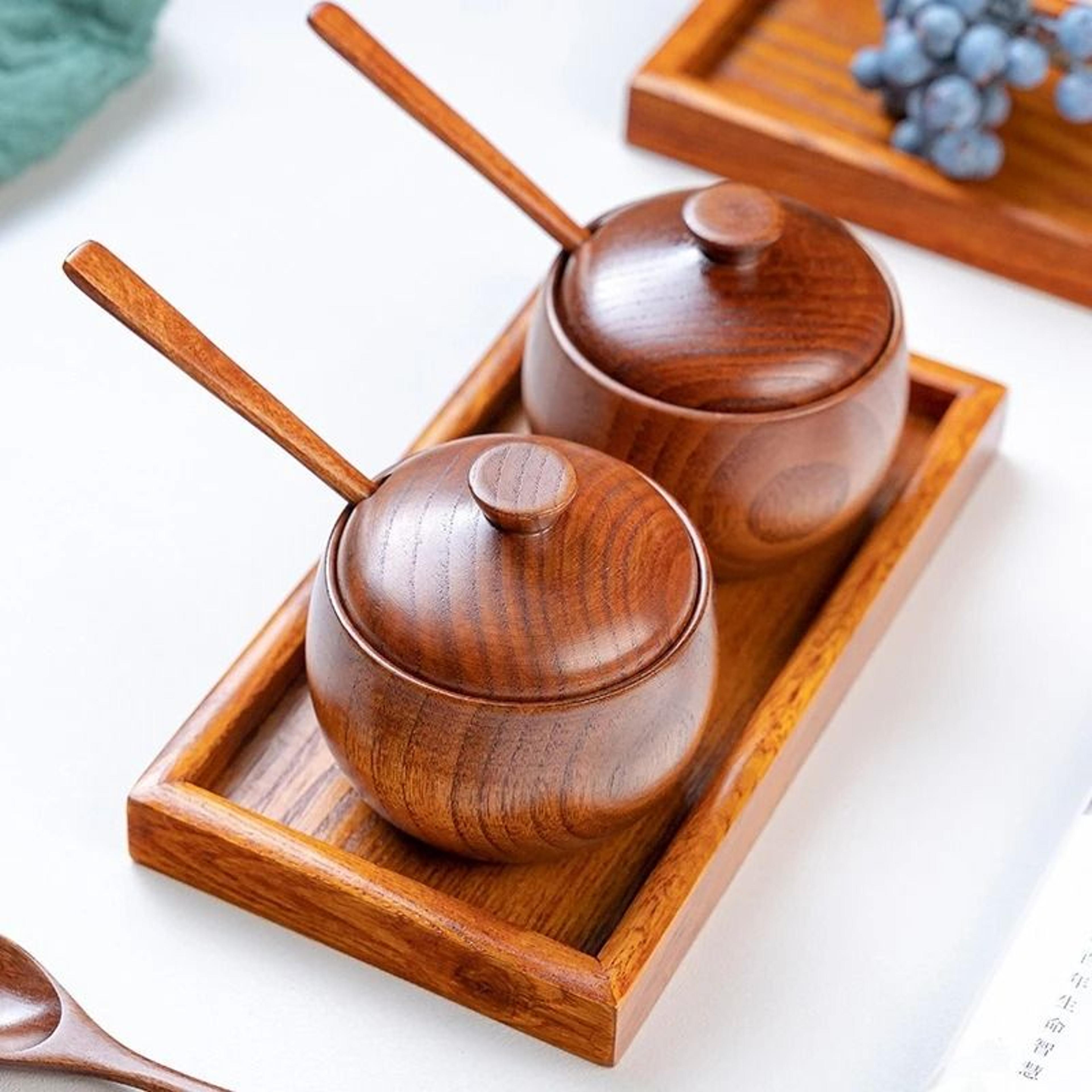 wooden seasoning jar vintage kitchen salt sugar spice container with lid spoon and tray
