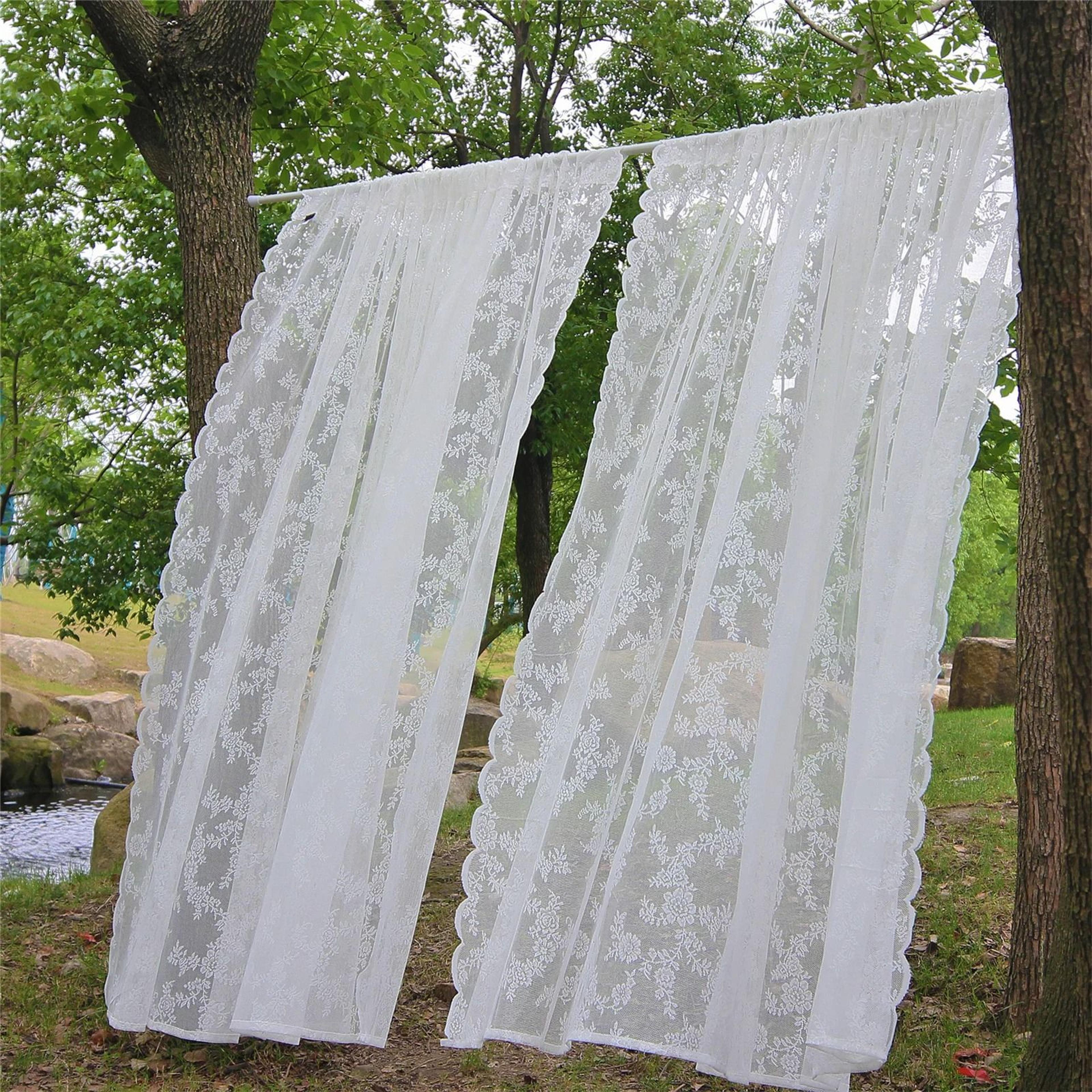 white floral lace sheer rod pocket curtain panel