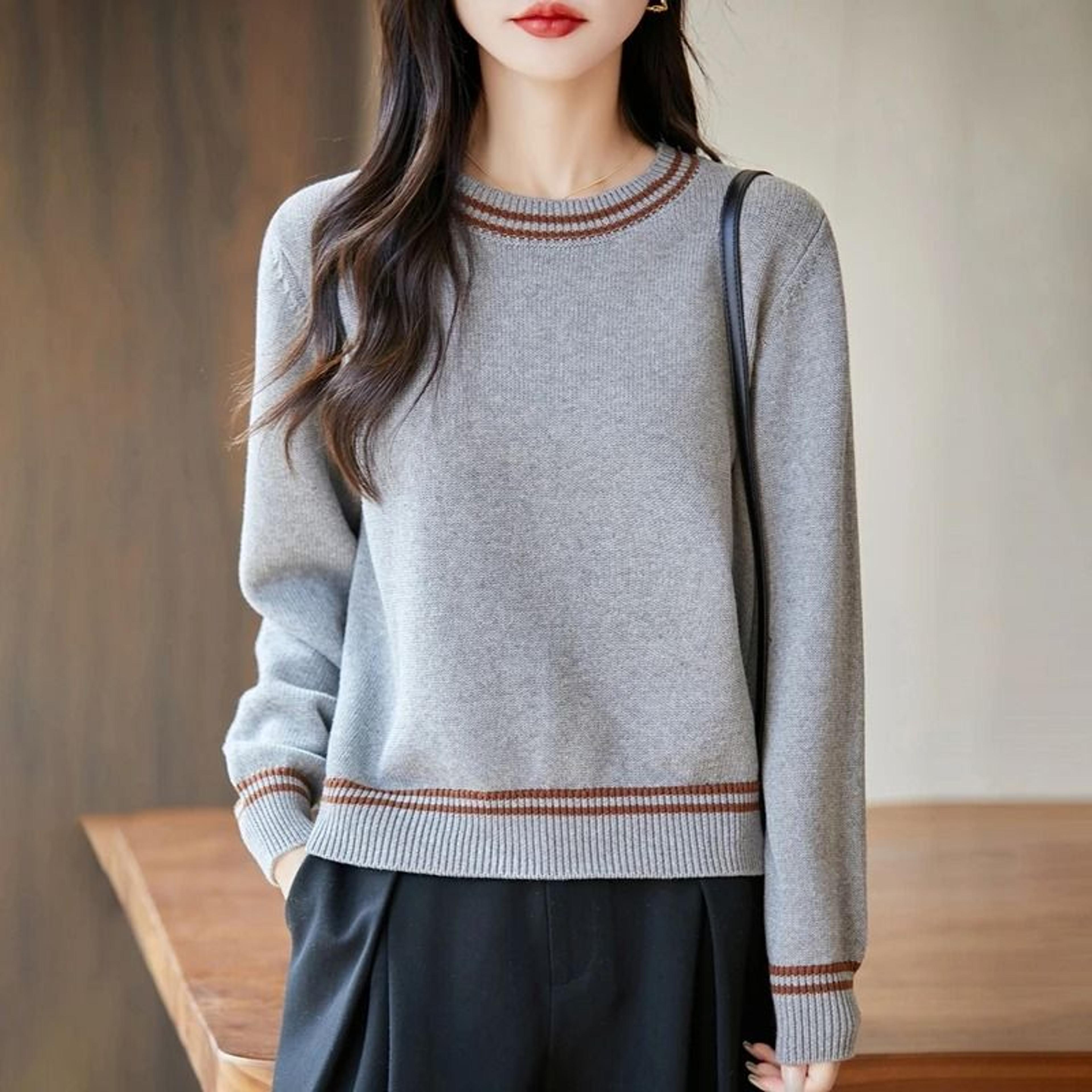 autumn winter women pure cotton knitted o-neck pullover sweater